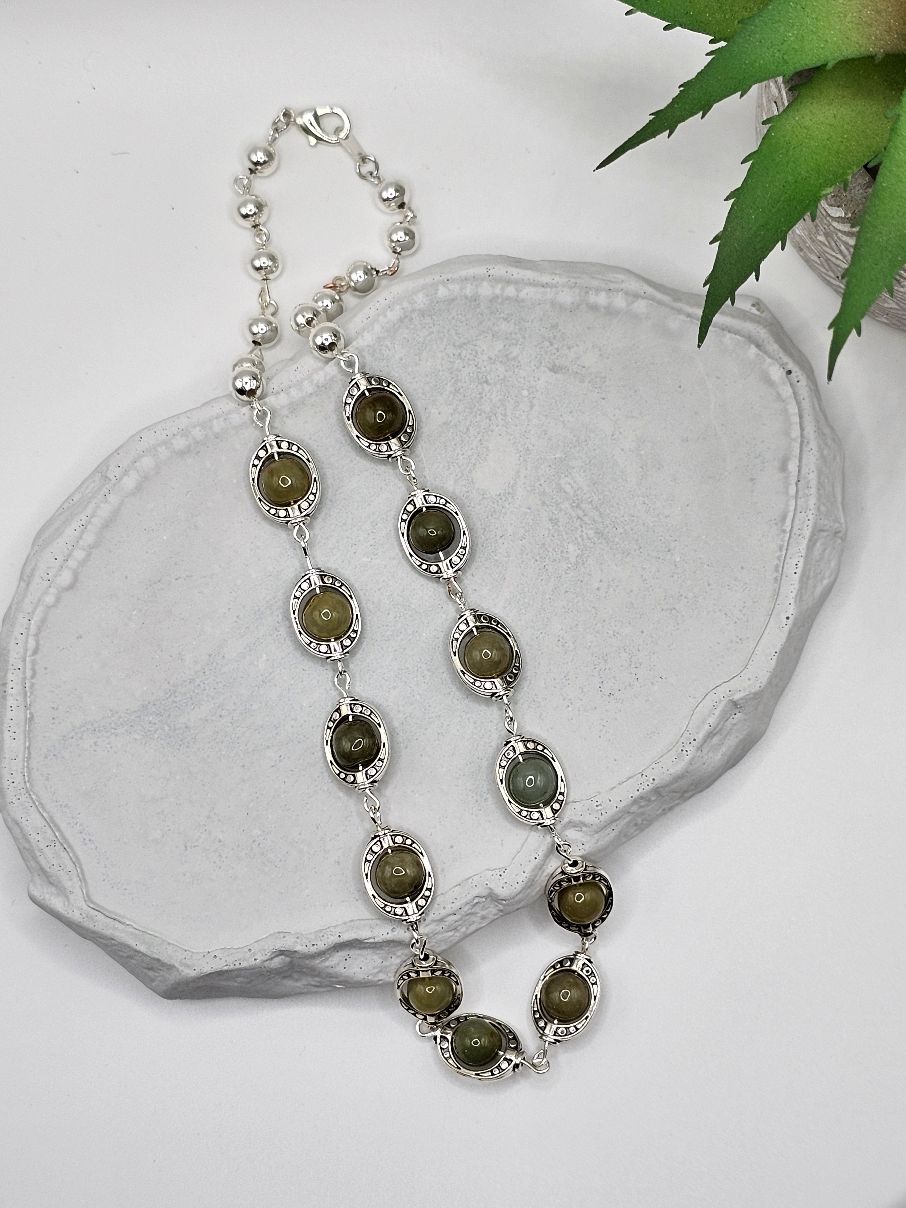 Green agate and silver overlay necklace