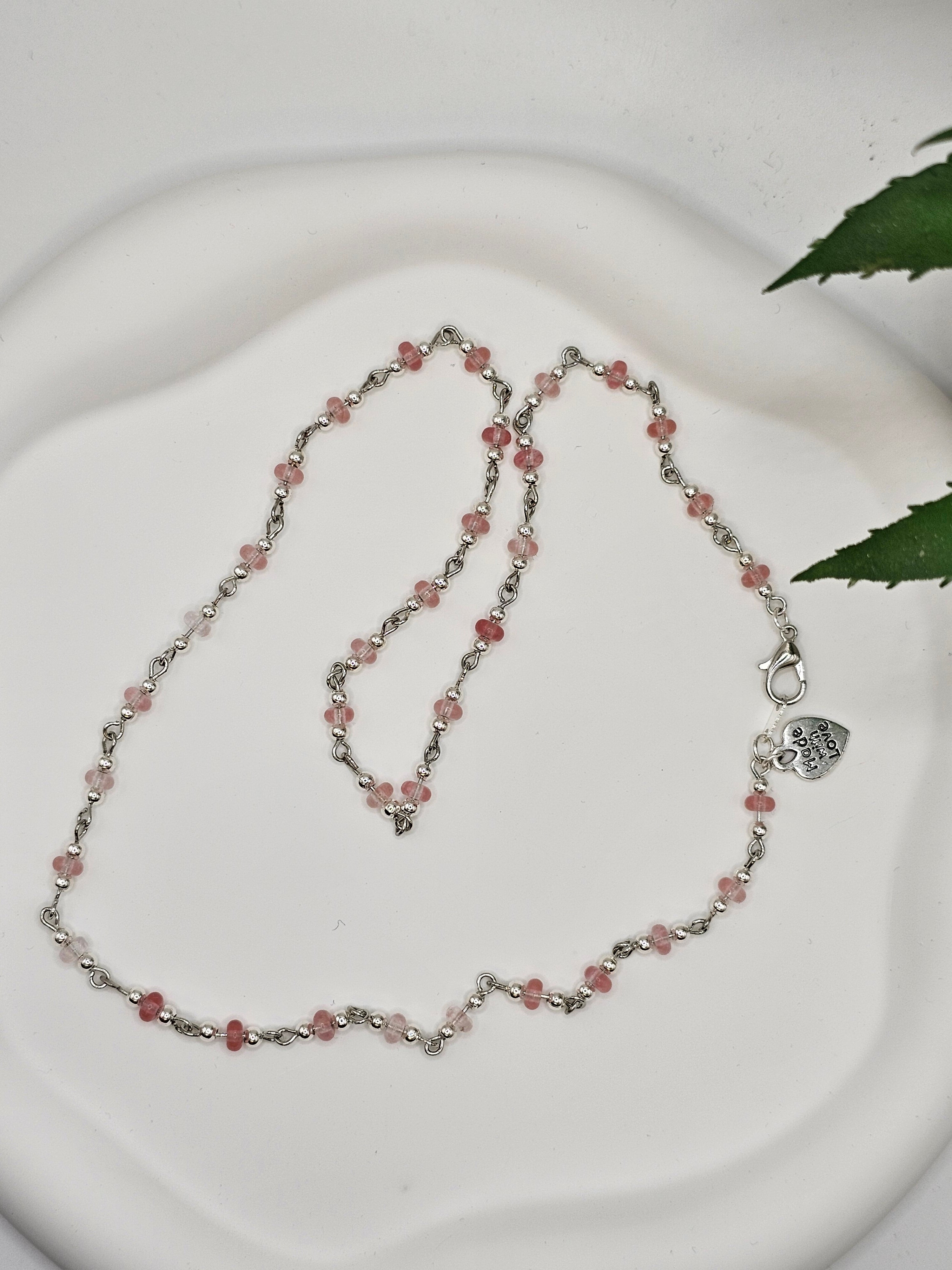 Cherry Quartz Silver Beaded Necklace