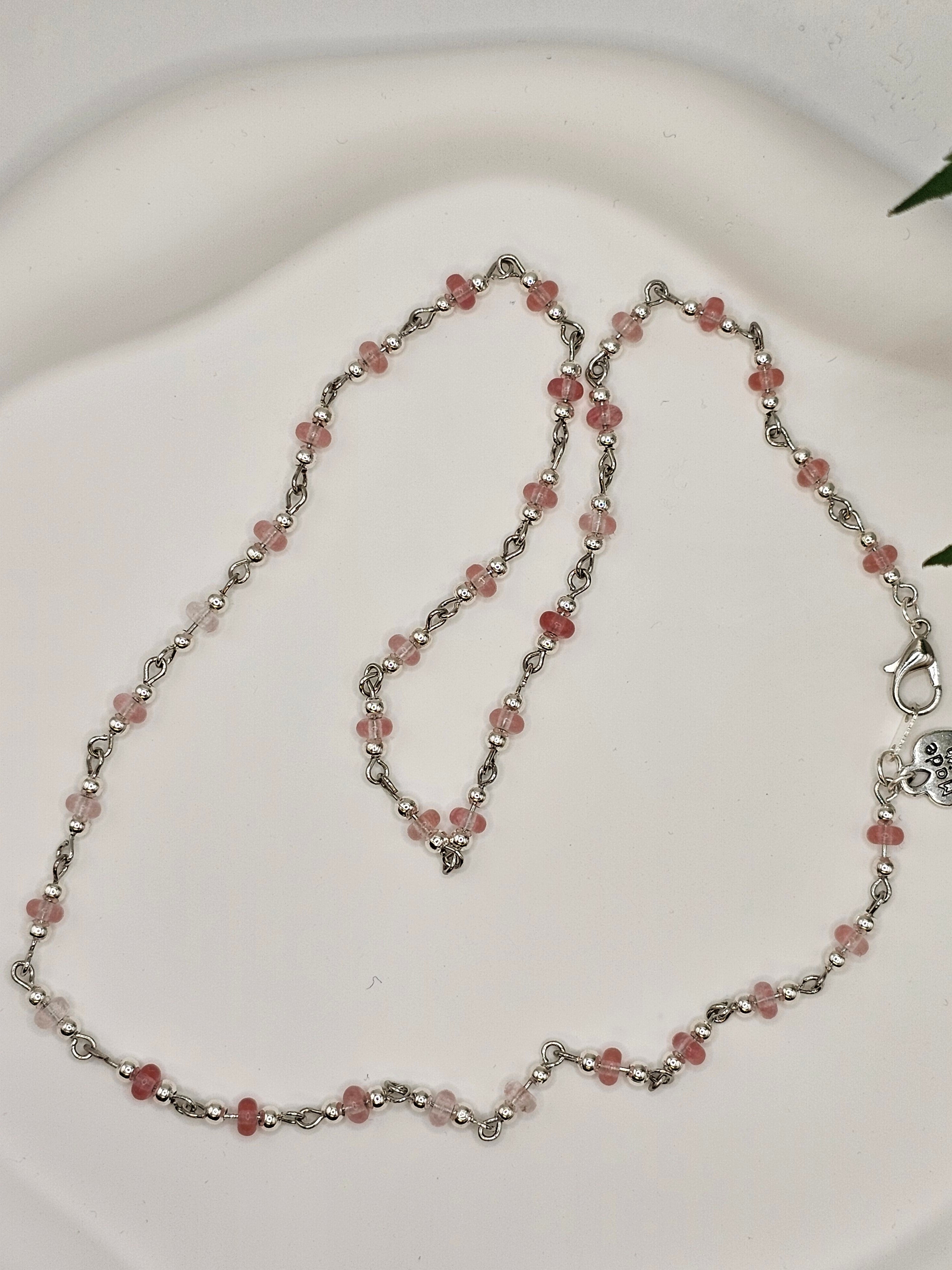 Cherry Quartz Silver Beaded Necklace