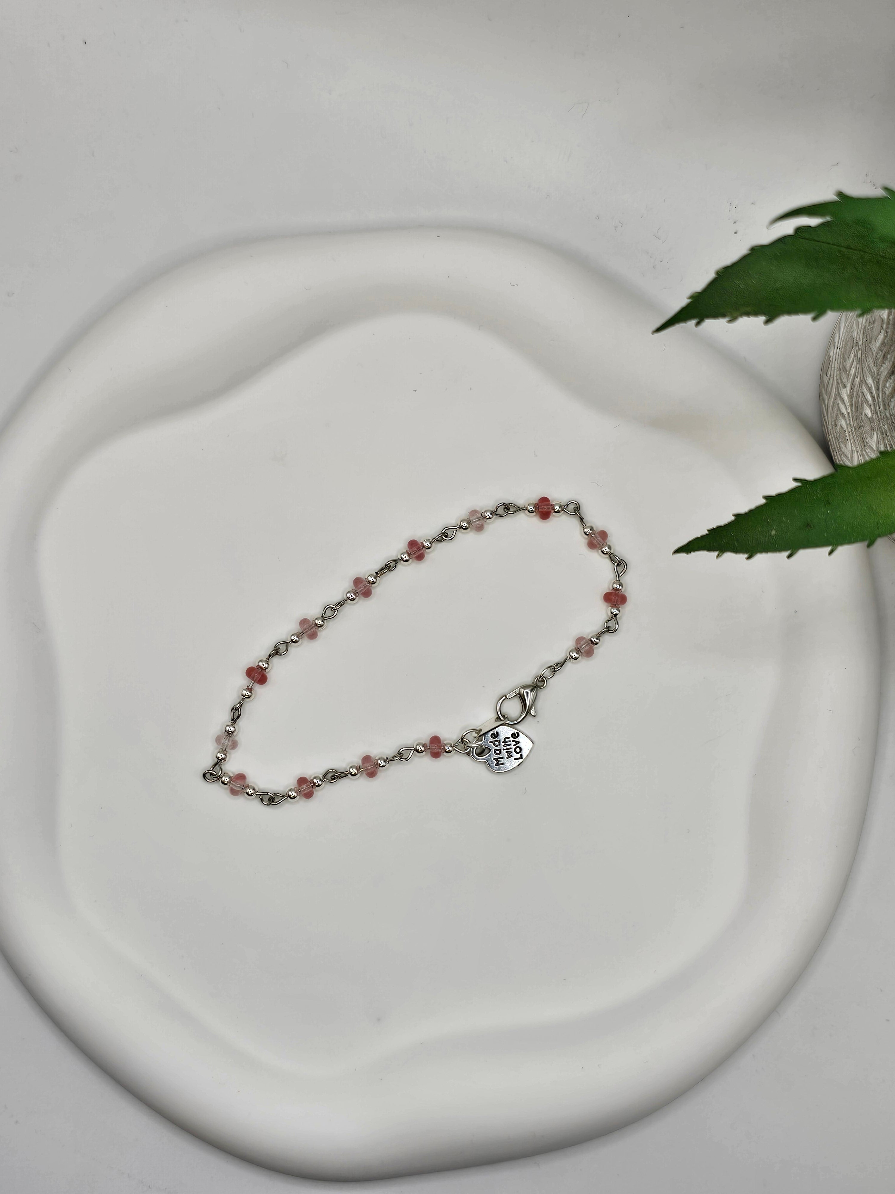 Cherry Quartz and Silver Beaded Bracelet