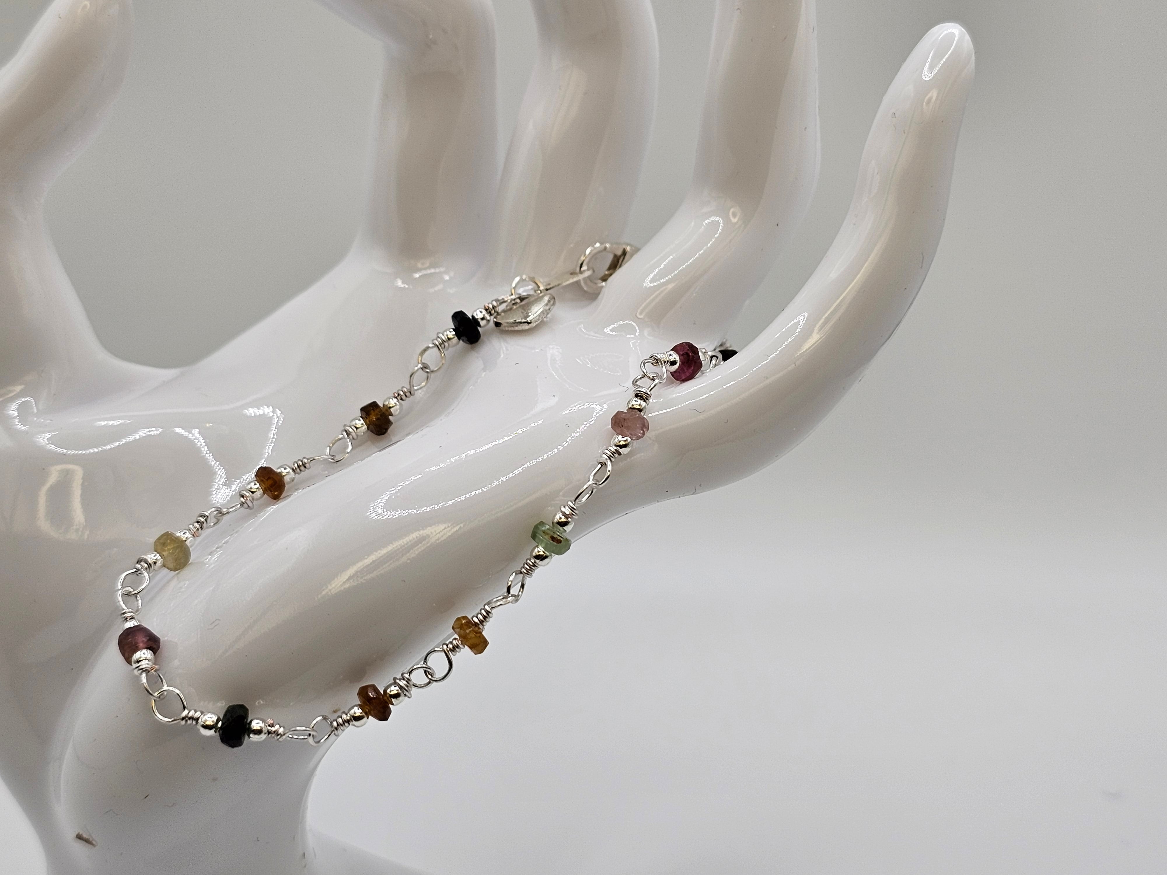 Natural Tourmaline Faceted Rondelle and Silver Beaded Bracelet