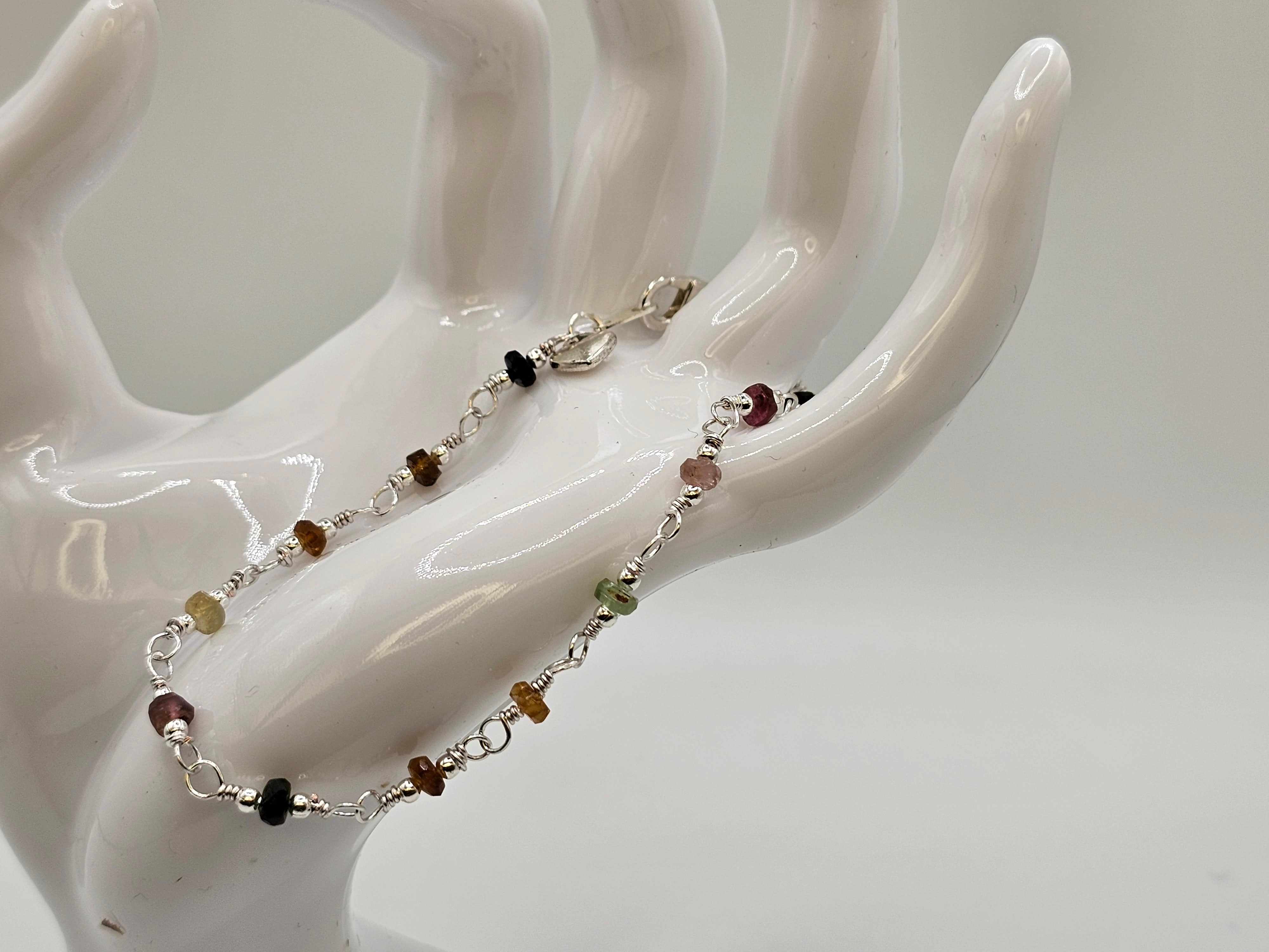 Natural Tourmaline Faceted Rondelle and Silver Beaded Bracelet