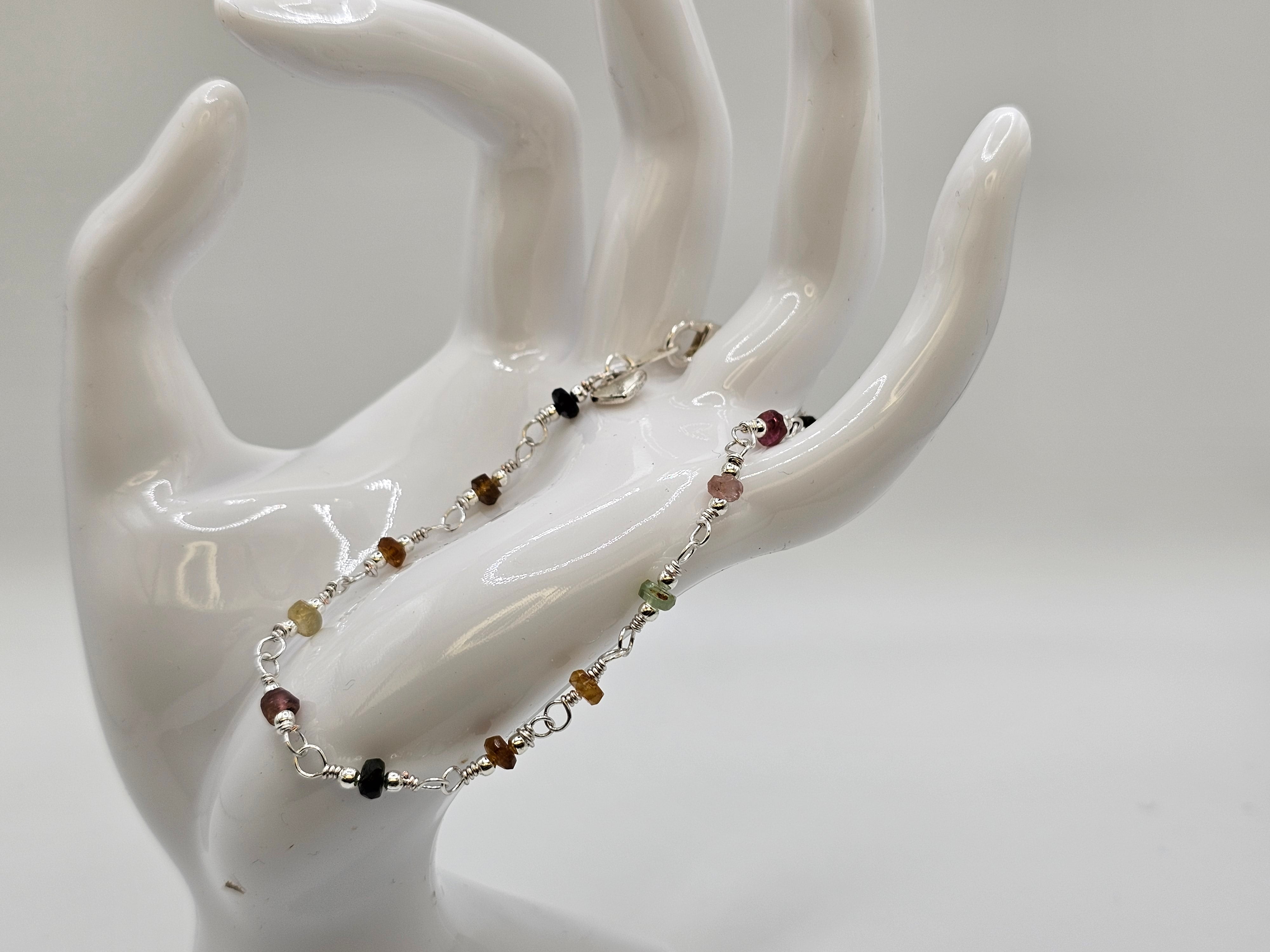 Natural Tourmaline Faceted Rondelle and Silver Beaded Bracelet