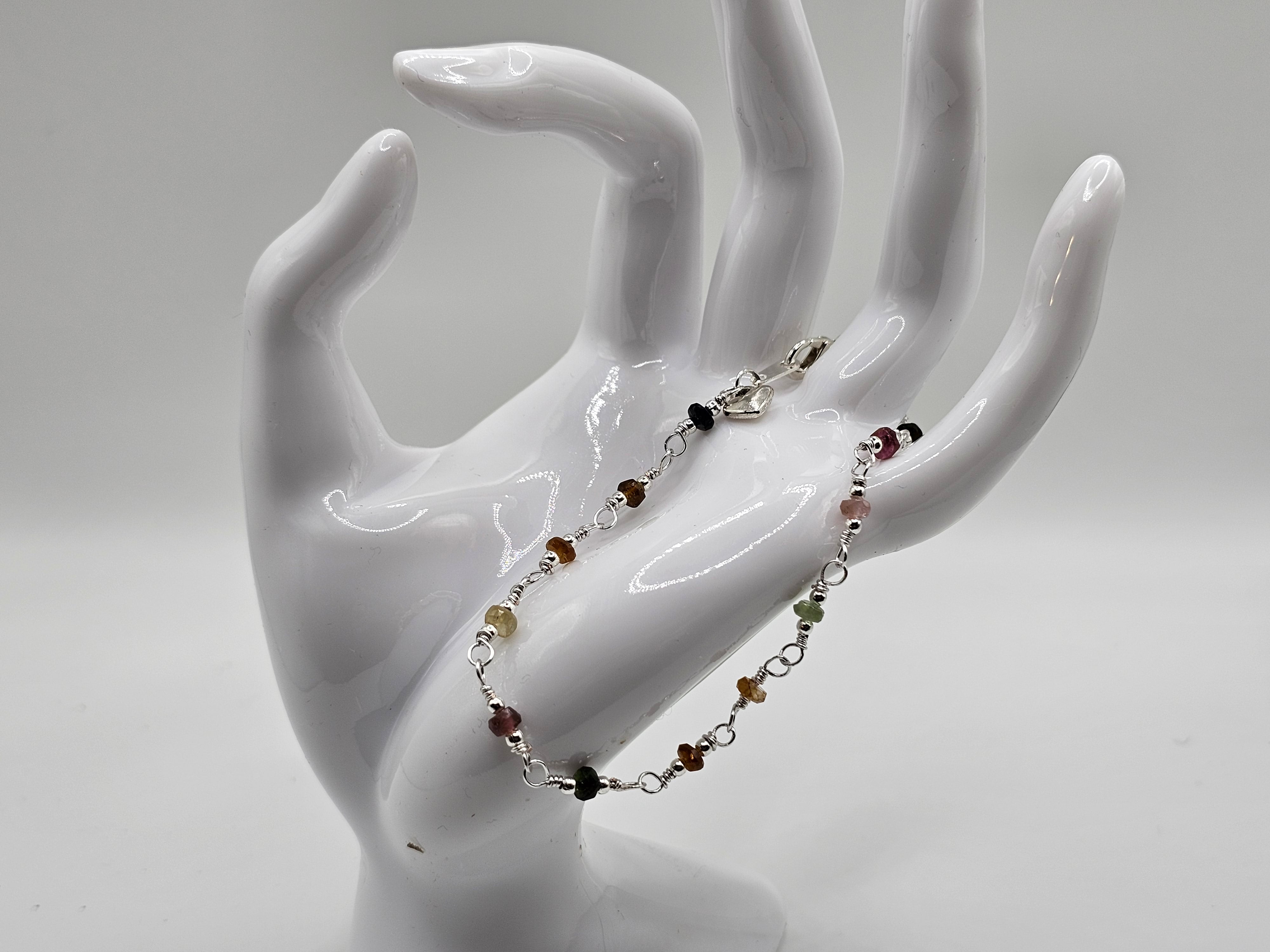 Natural Tourmaline Faceted Rondelle and Silver Beaded Bracelet