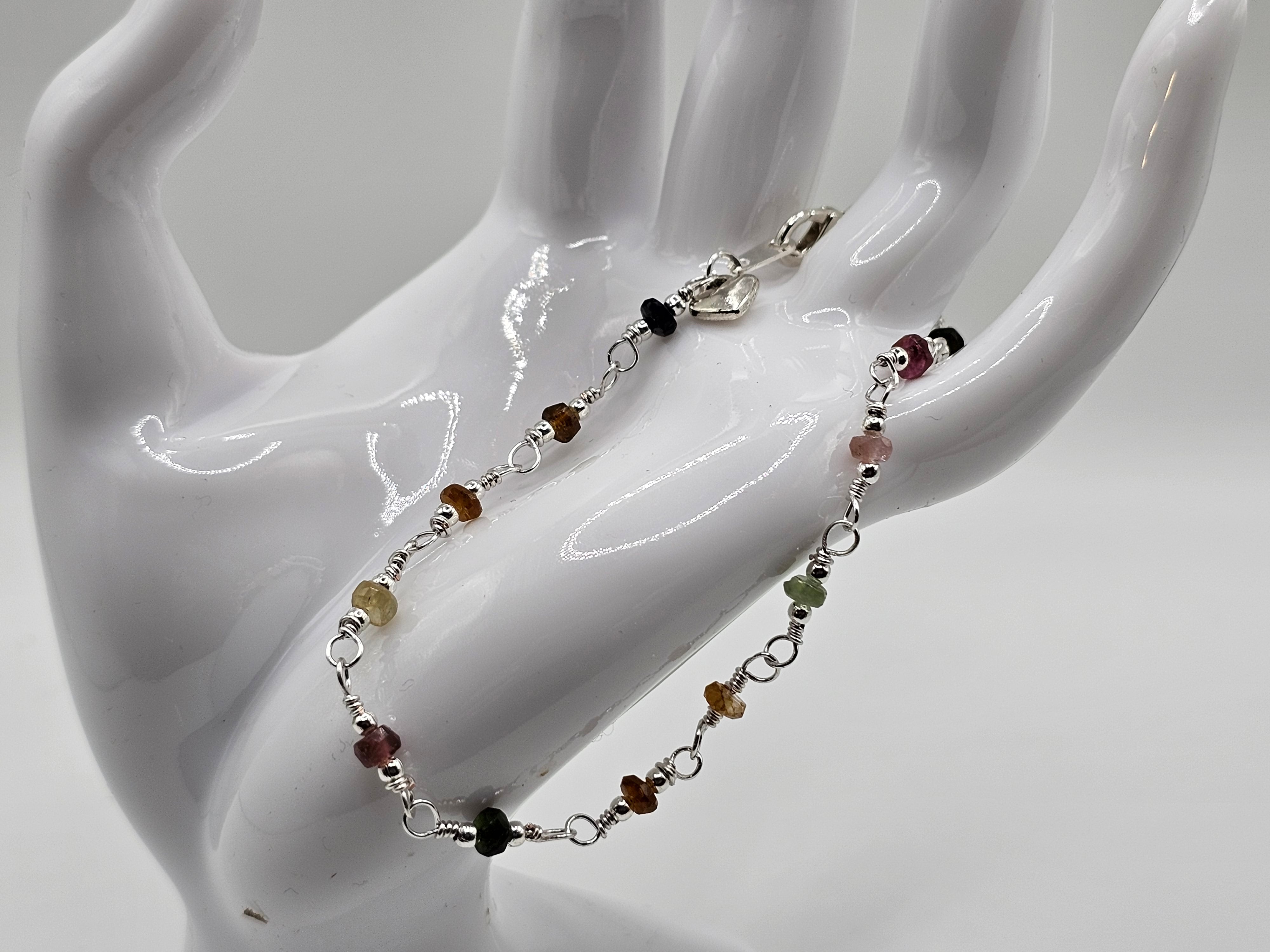 Natural Tourmaline Faceted Rondelle and Silver Beaded Bracelet