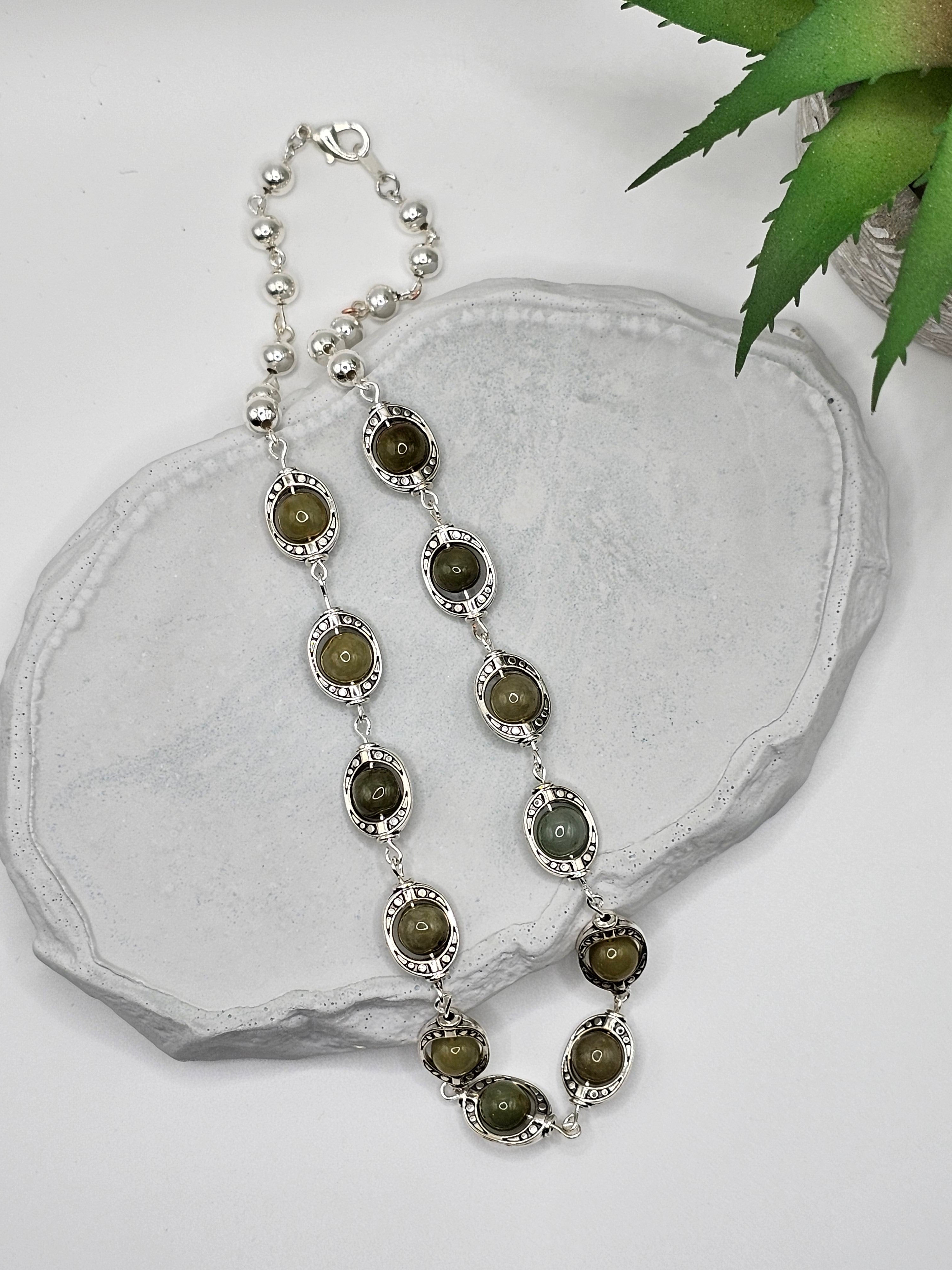 Green agate and silver overlay necklace