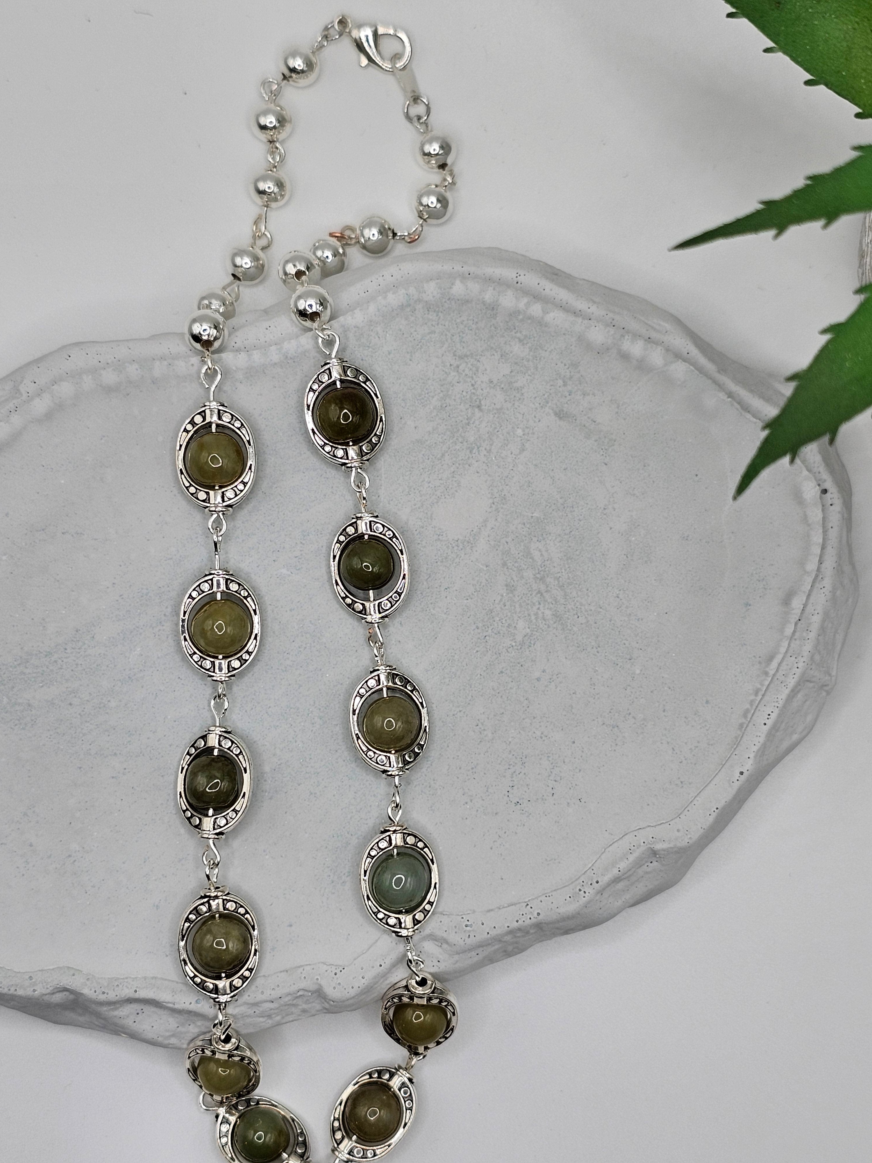 Green agate and silver overlay necklace