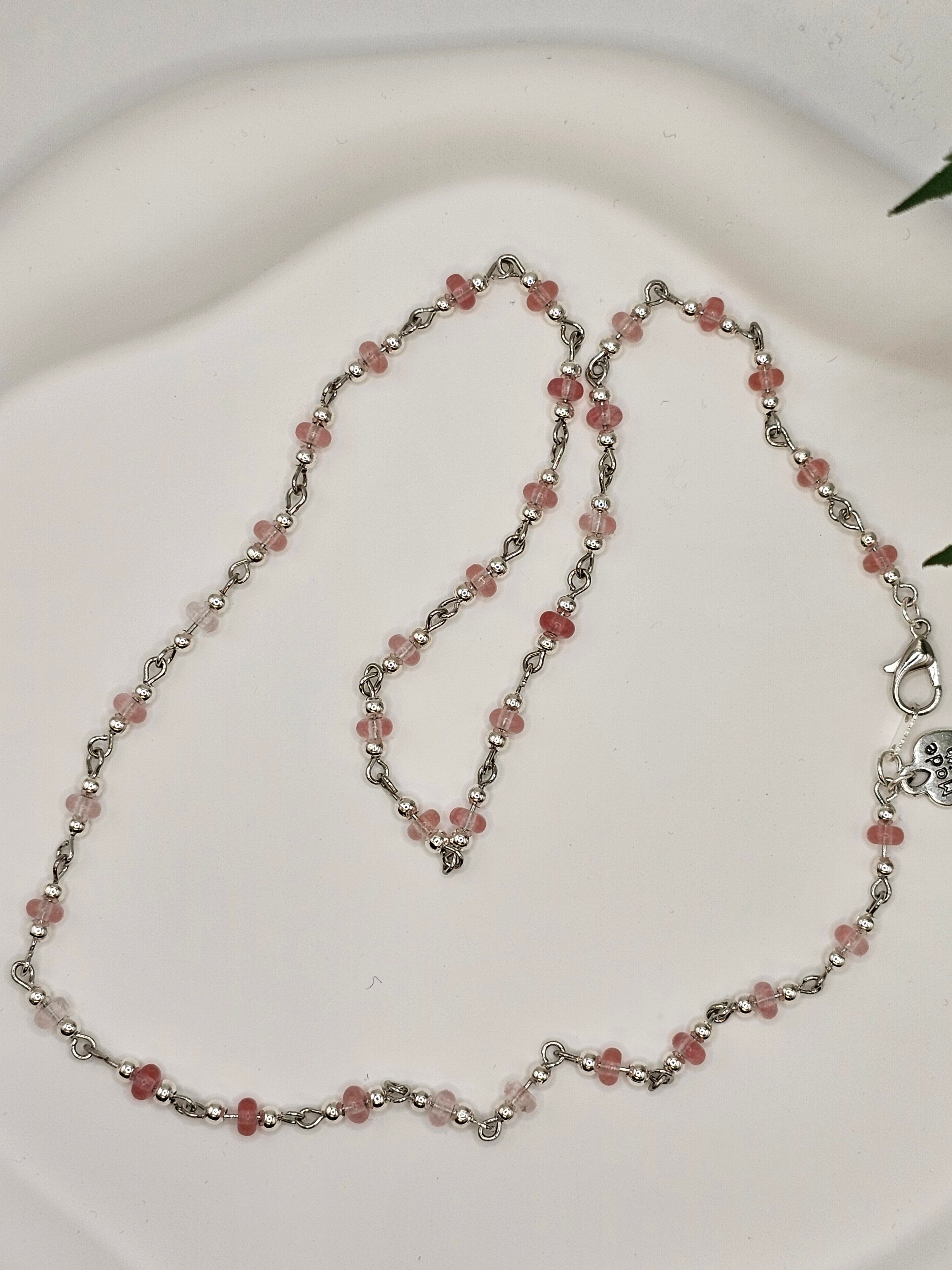 Cherry Quartz Silver Beaded Necklace