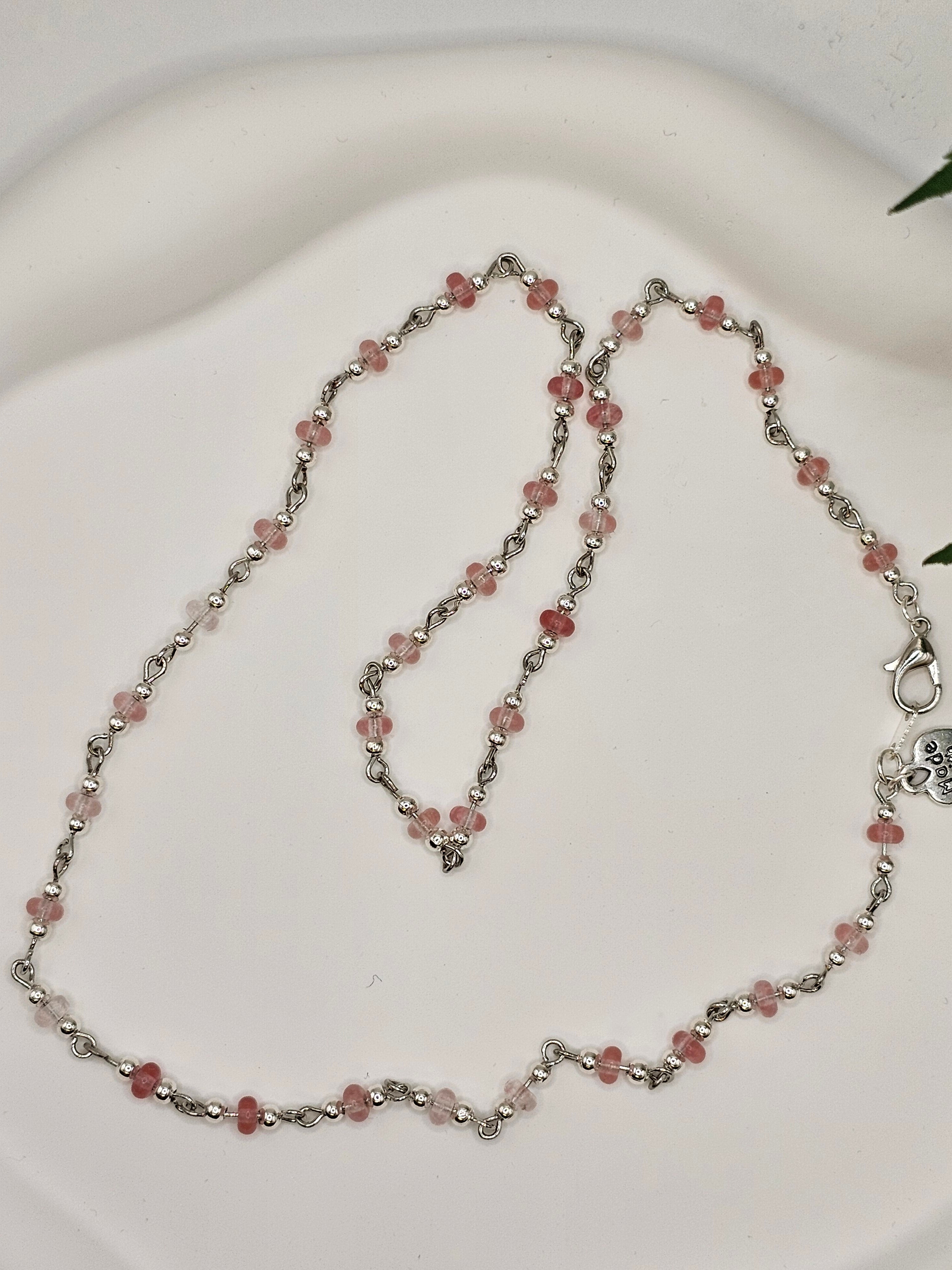 Cherry Quartz Silver Beaded Necklace