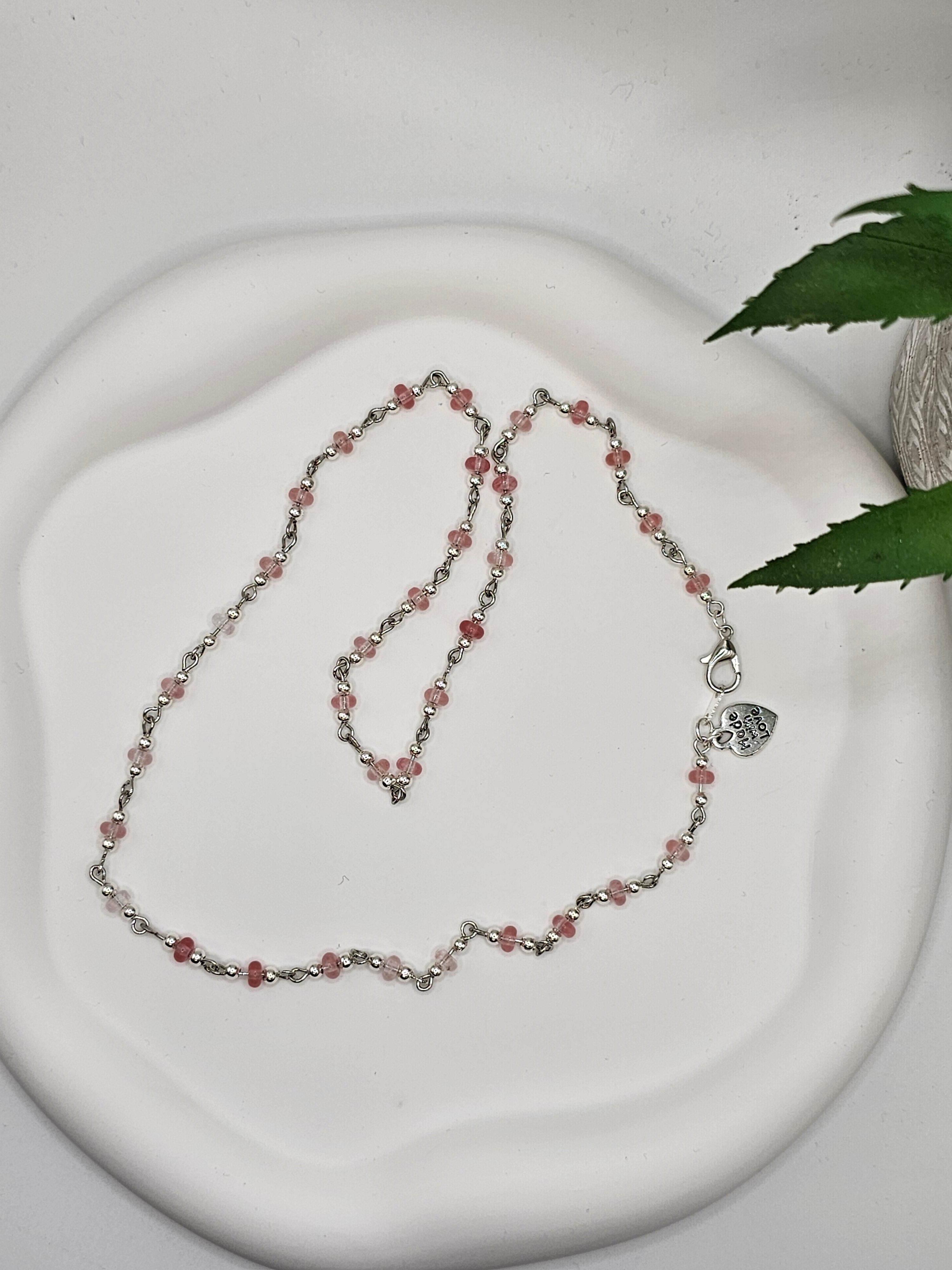 Cherry Quartz Silver Beaded Necklace