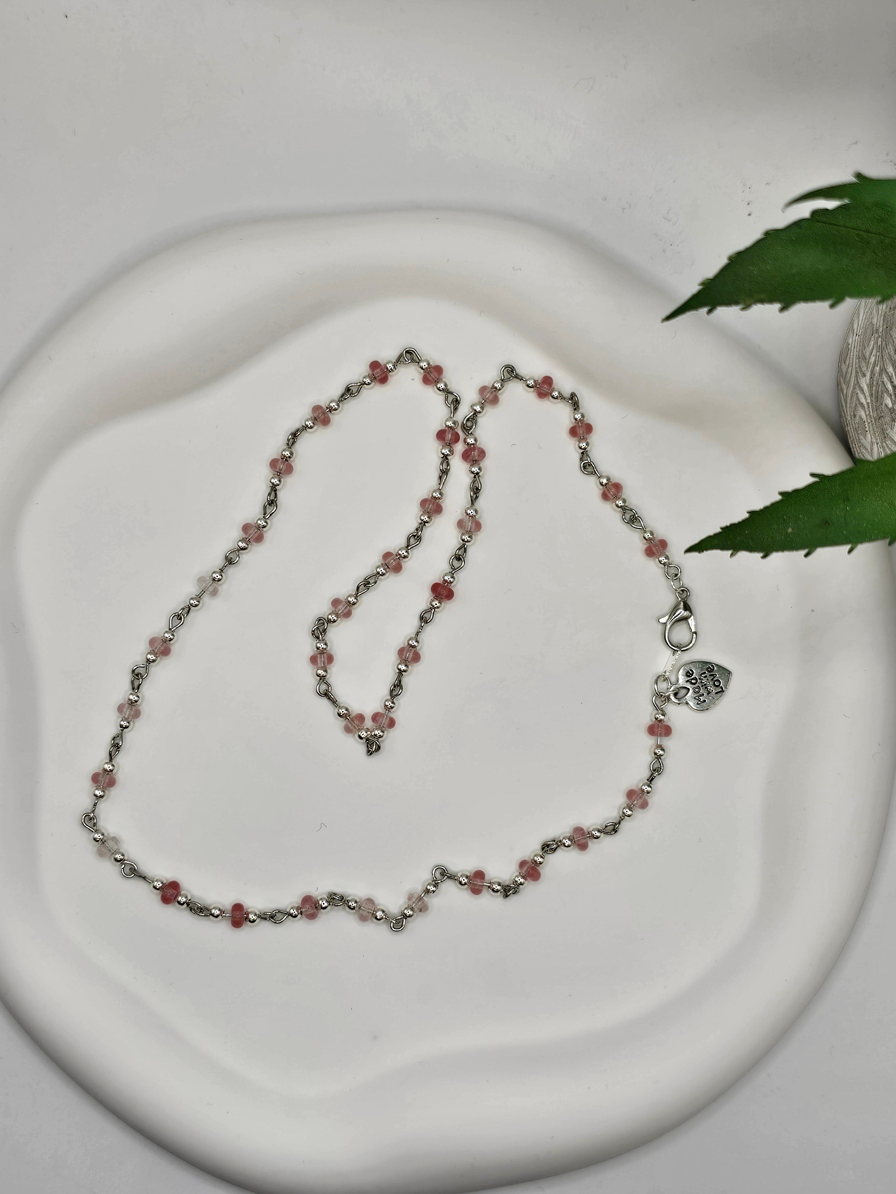 Cherry Quartz Silver Beaded Necklace