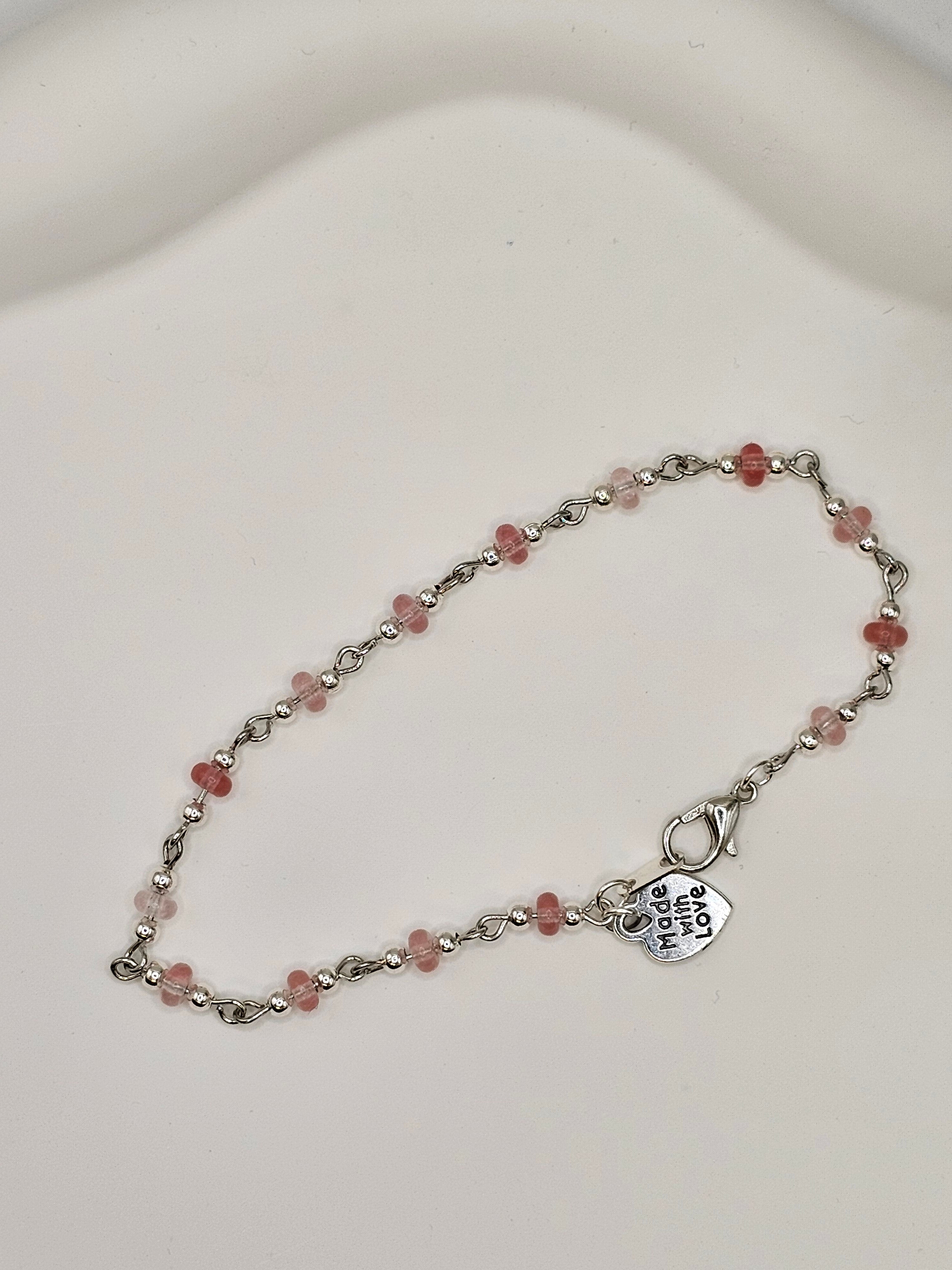 Cherry Quartz and Silver Beaded Bracelet