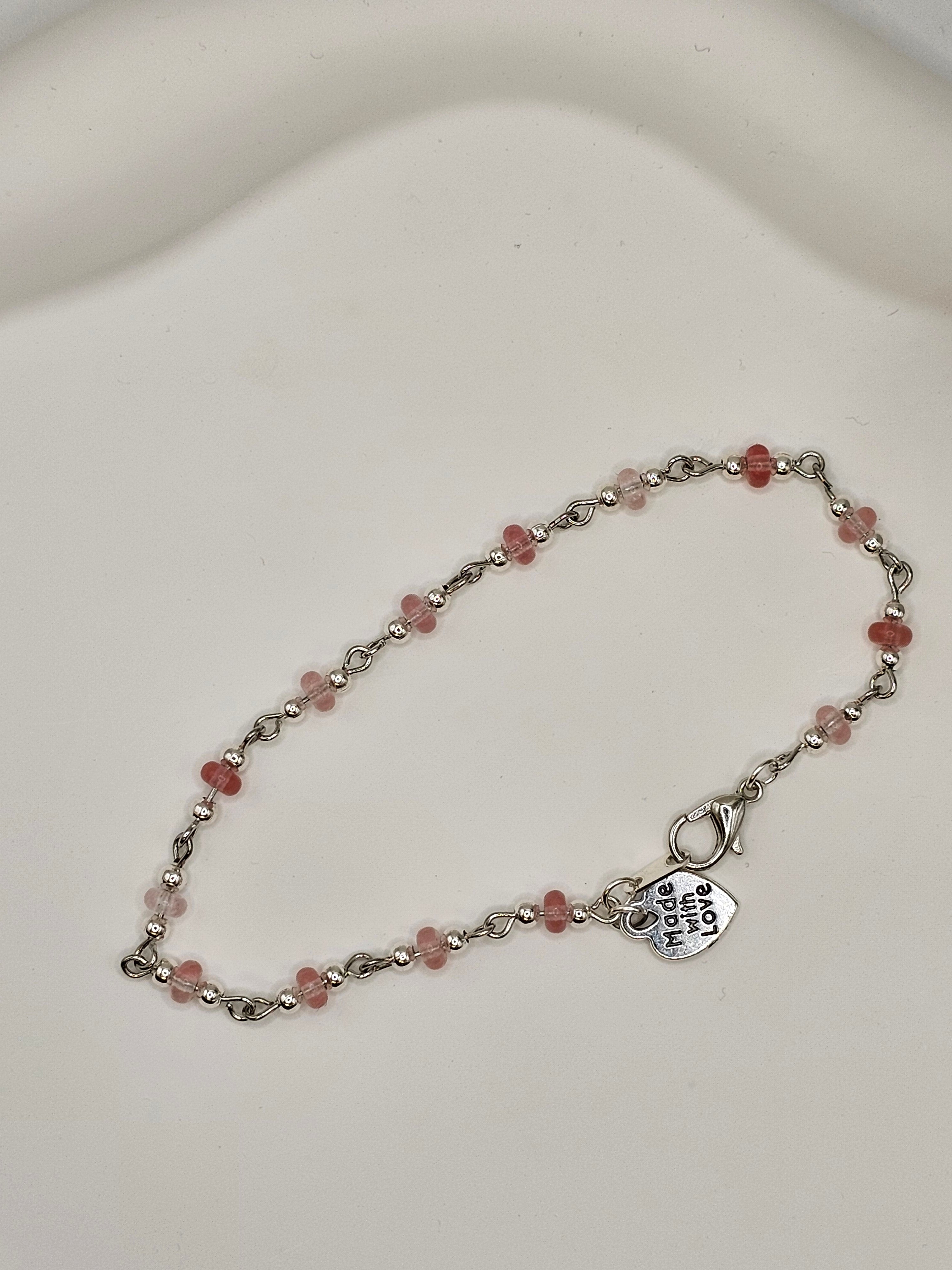 Cherry Quartz and Silver Beaded Bracelet