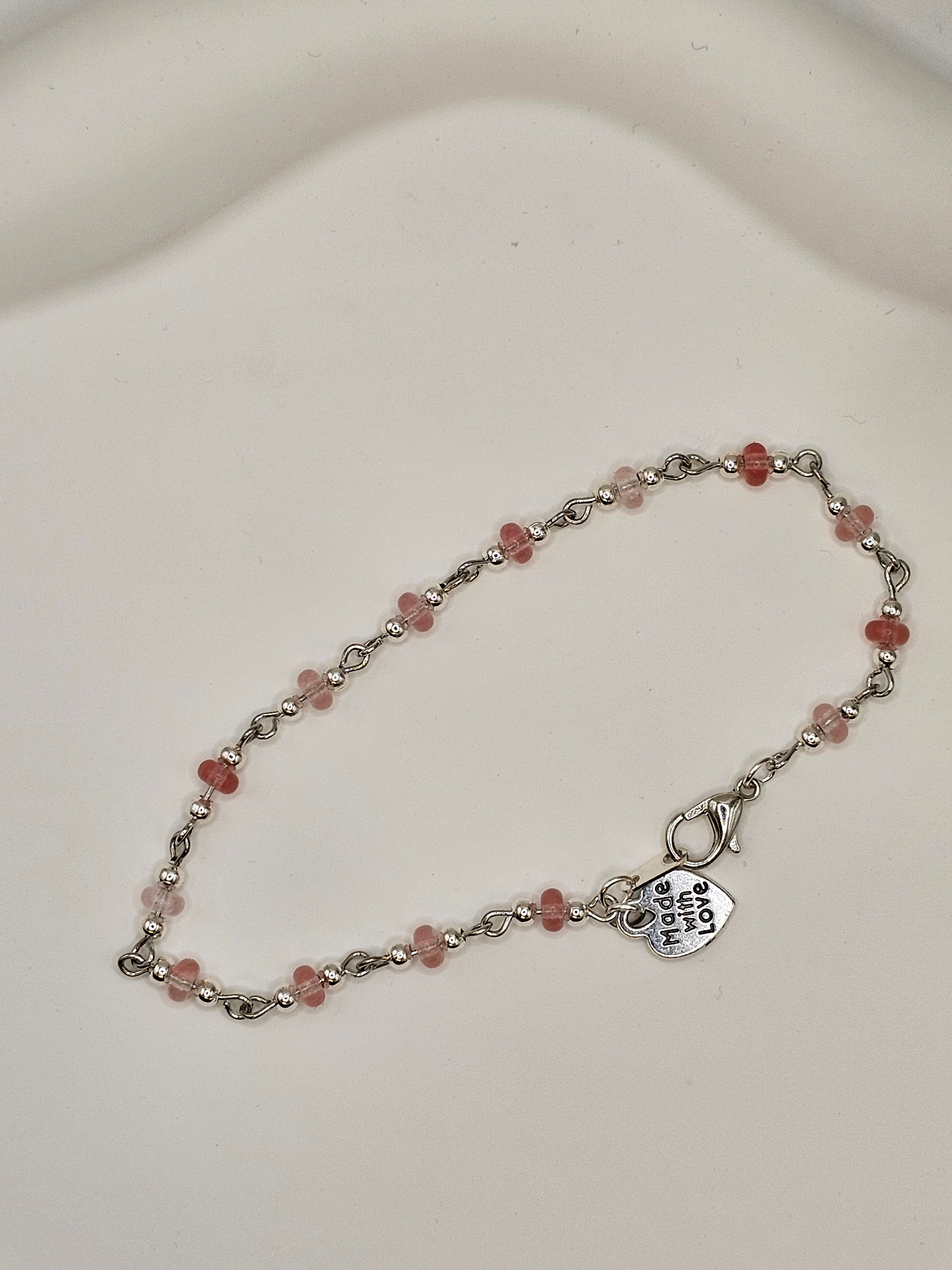 Cherry Quartz and Silver Beaded Bracelet