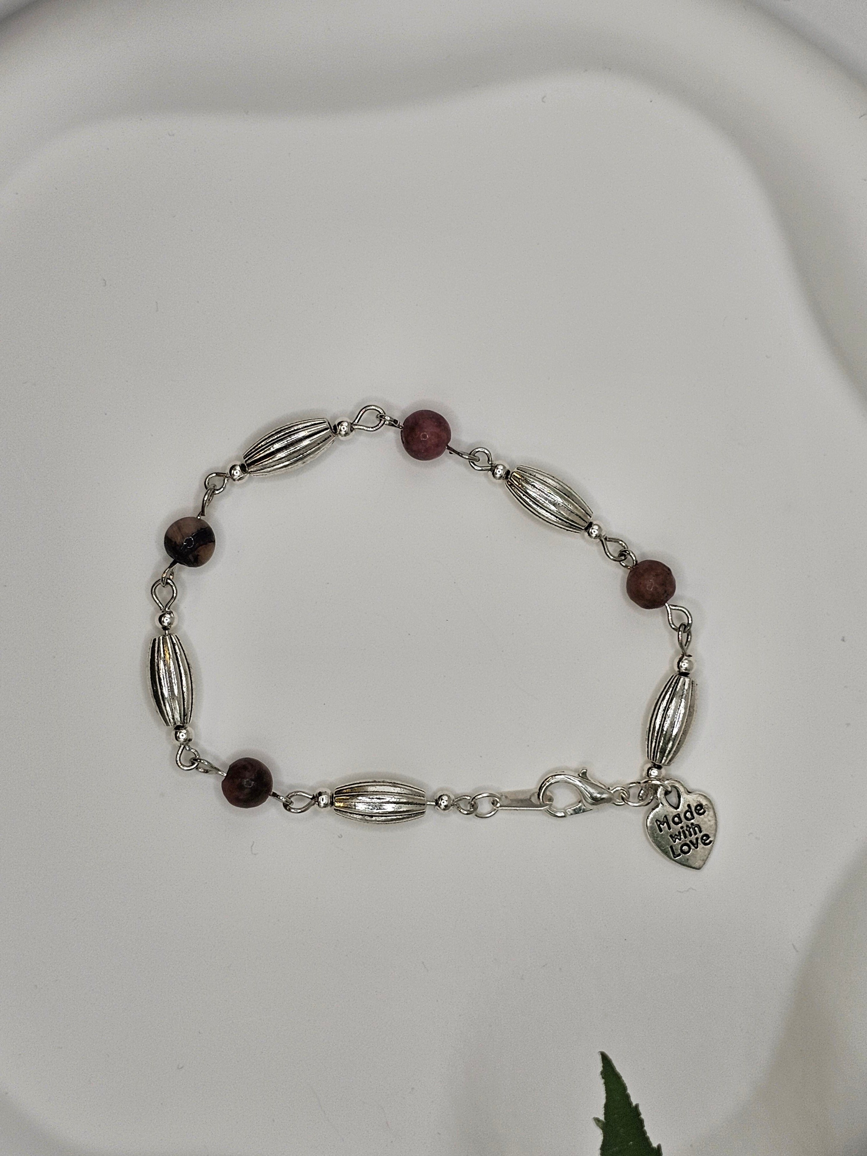 Black Vein and Rhodonitte and Silver Beaded Bracelet