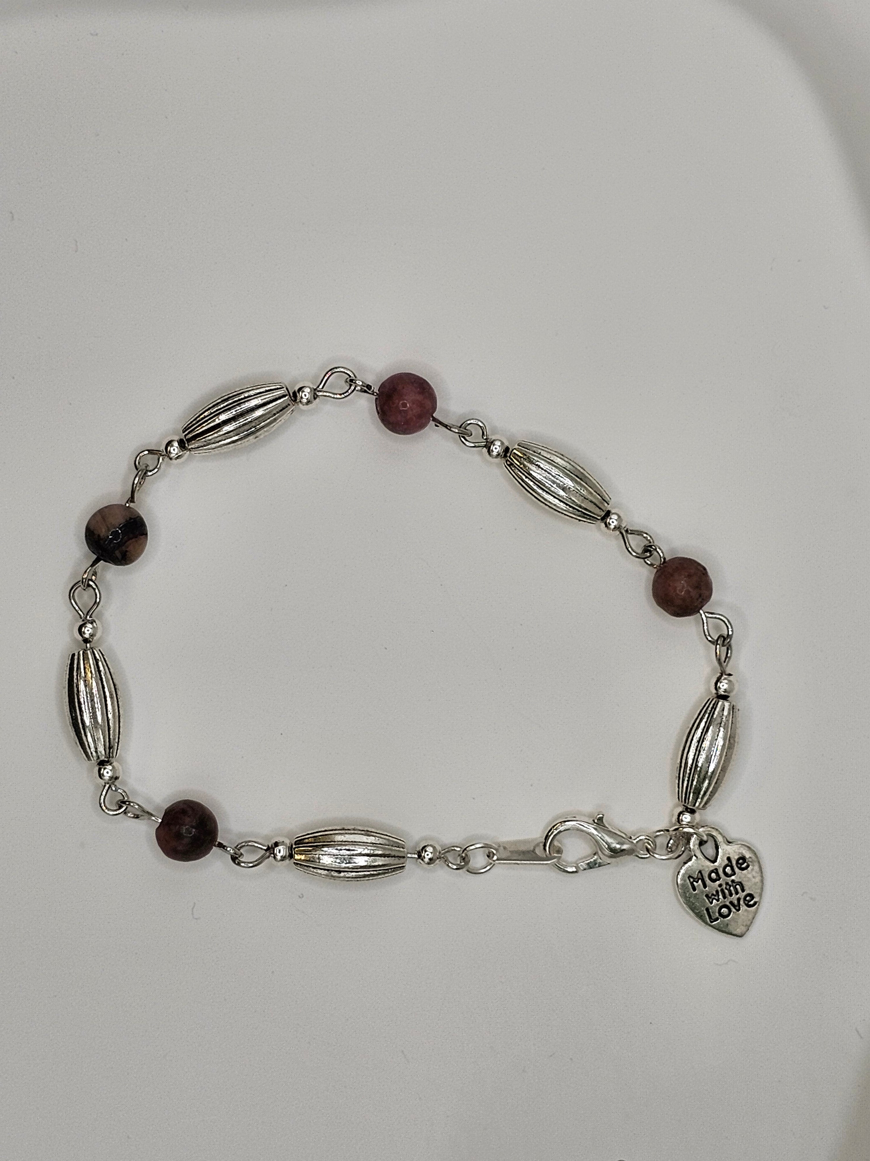 Black Vein and Rhodonitte and Silver Beaded Bracelet