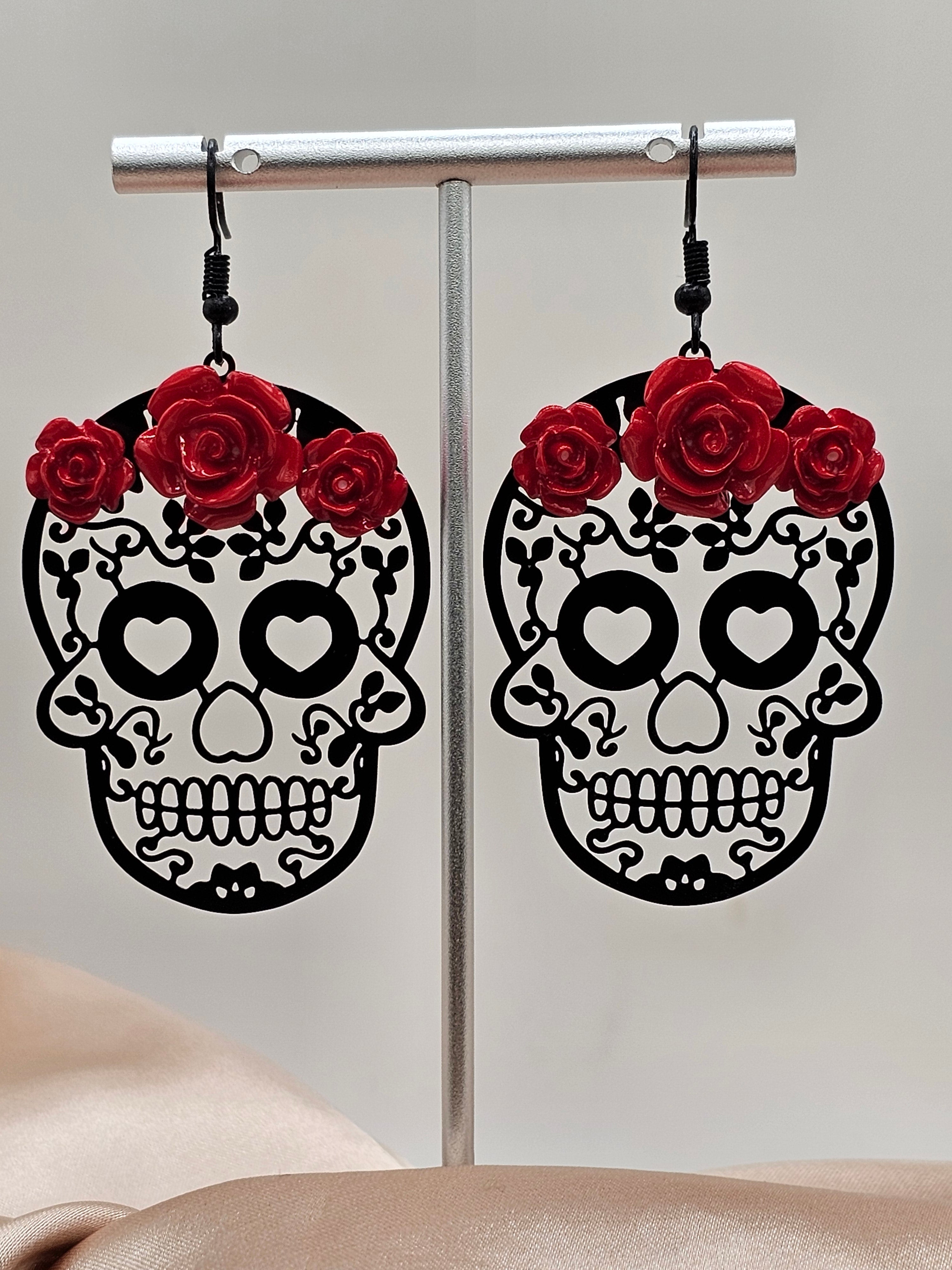 Skull Earrings with Red Roses