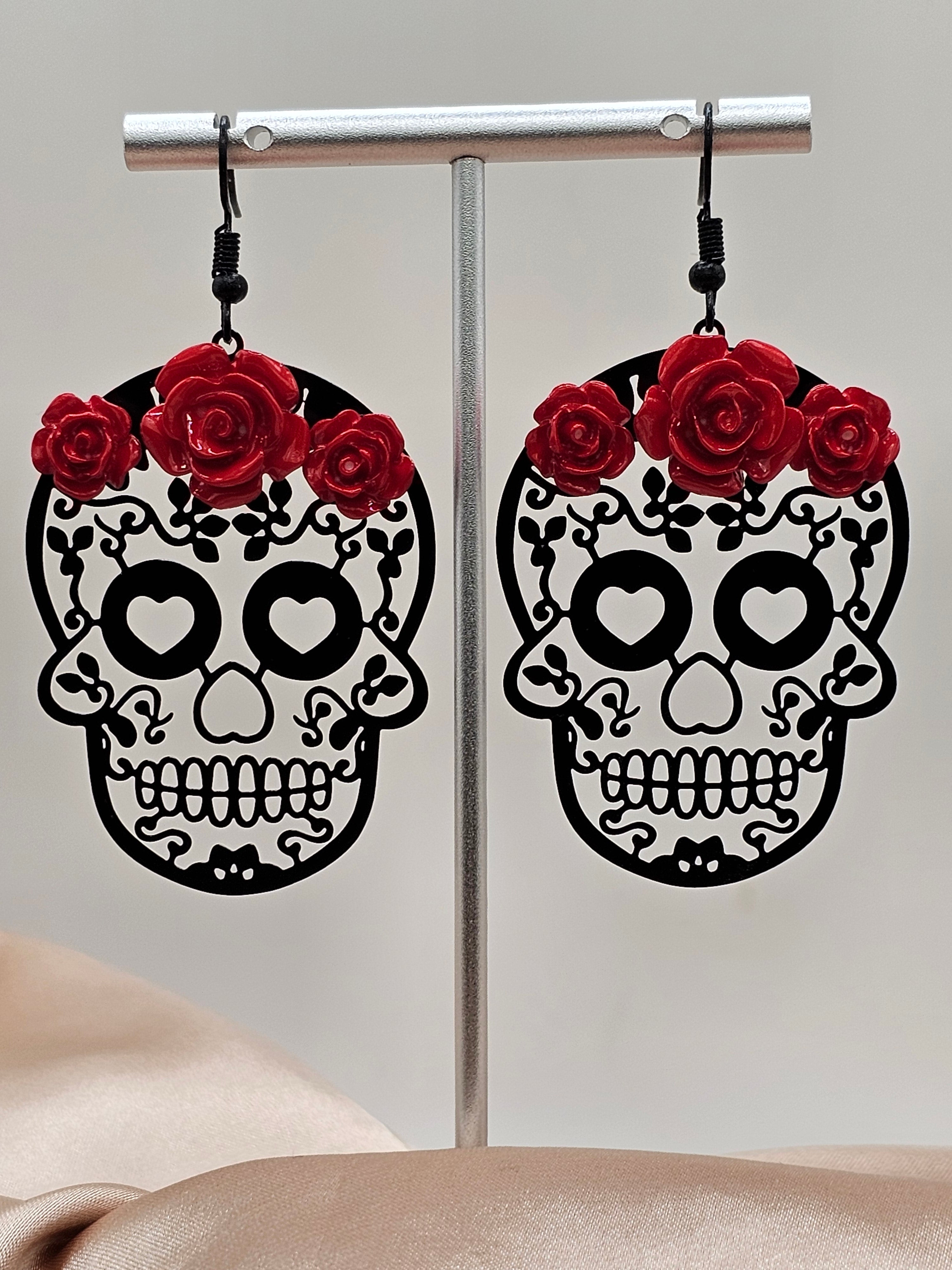 Skull Earrings with Red Roses