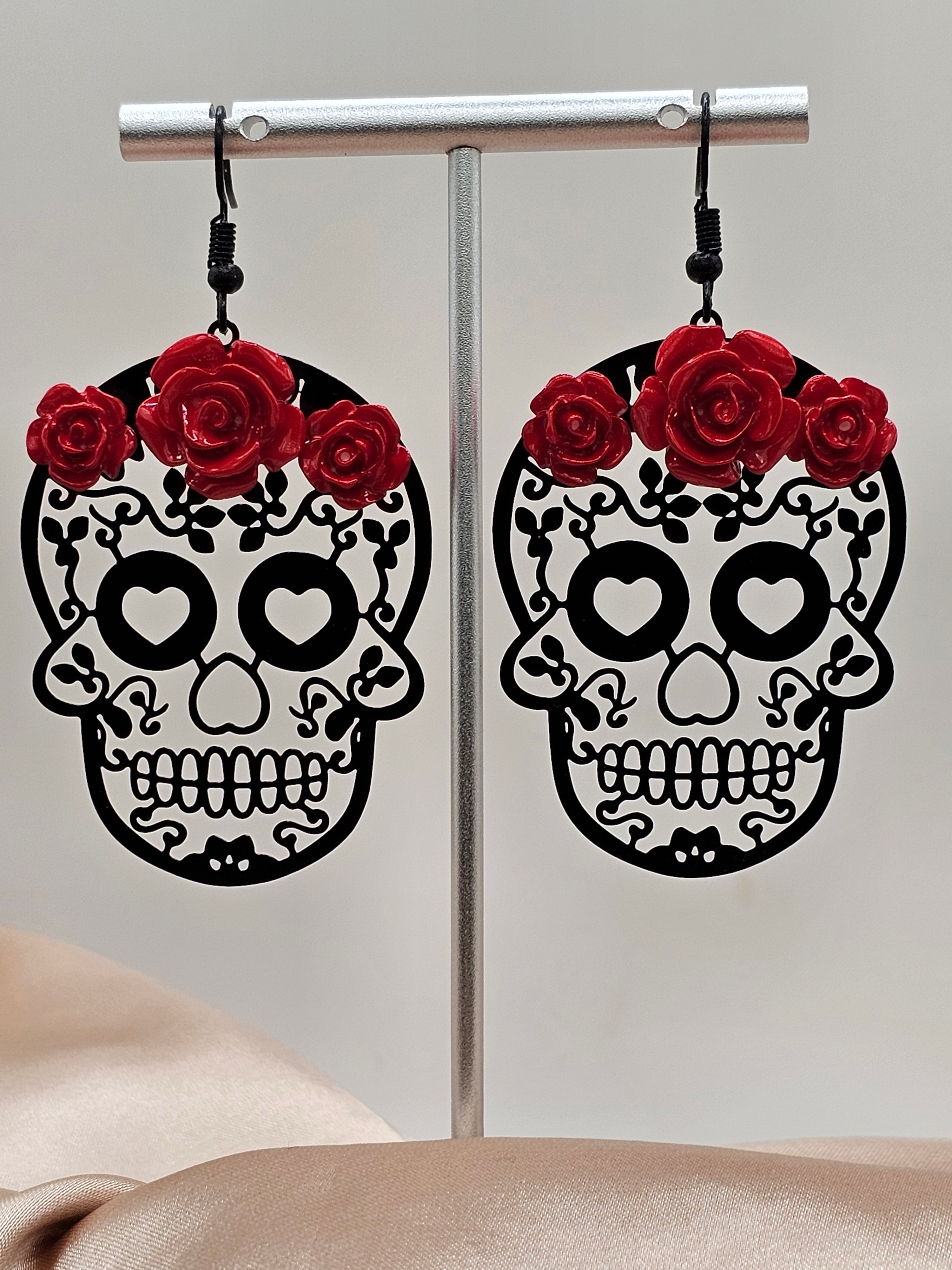 Skull Earrings with Red Roses