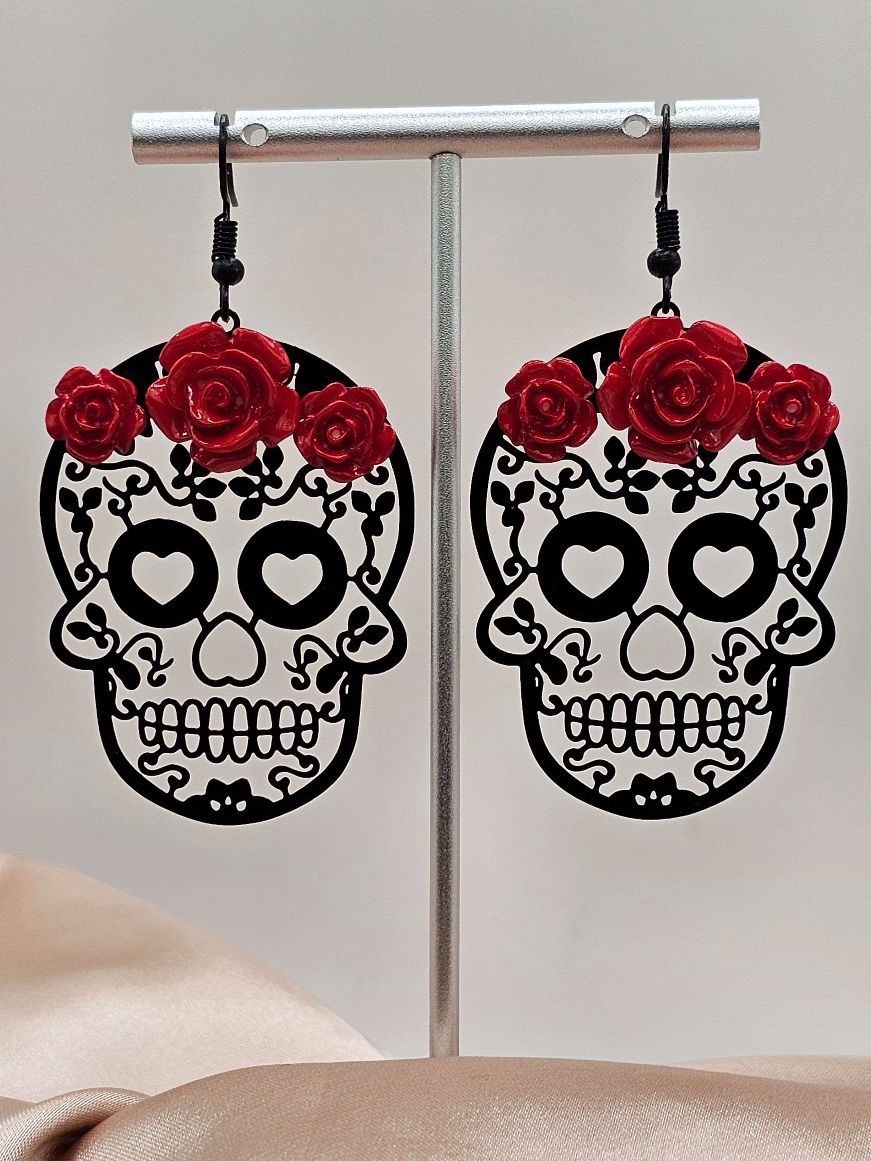 Skull Earrings with Red Roses