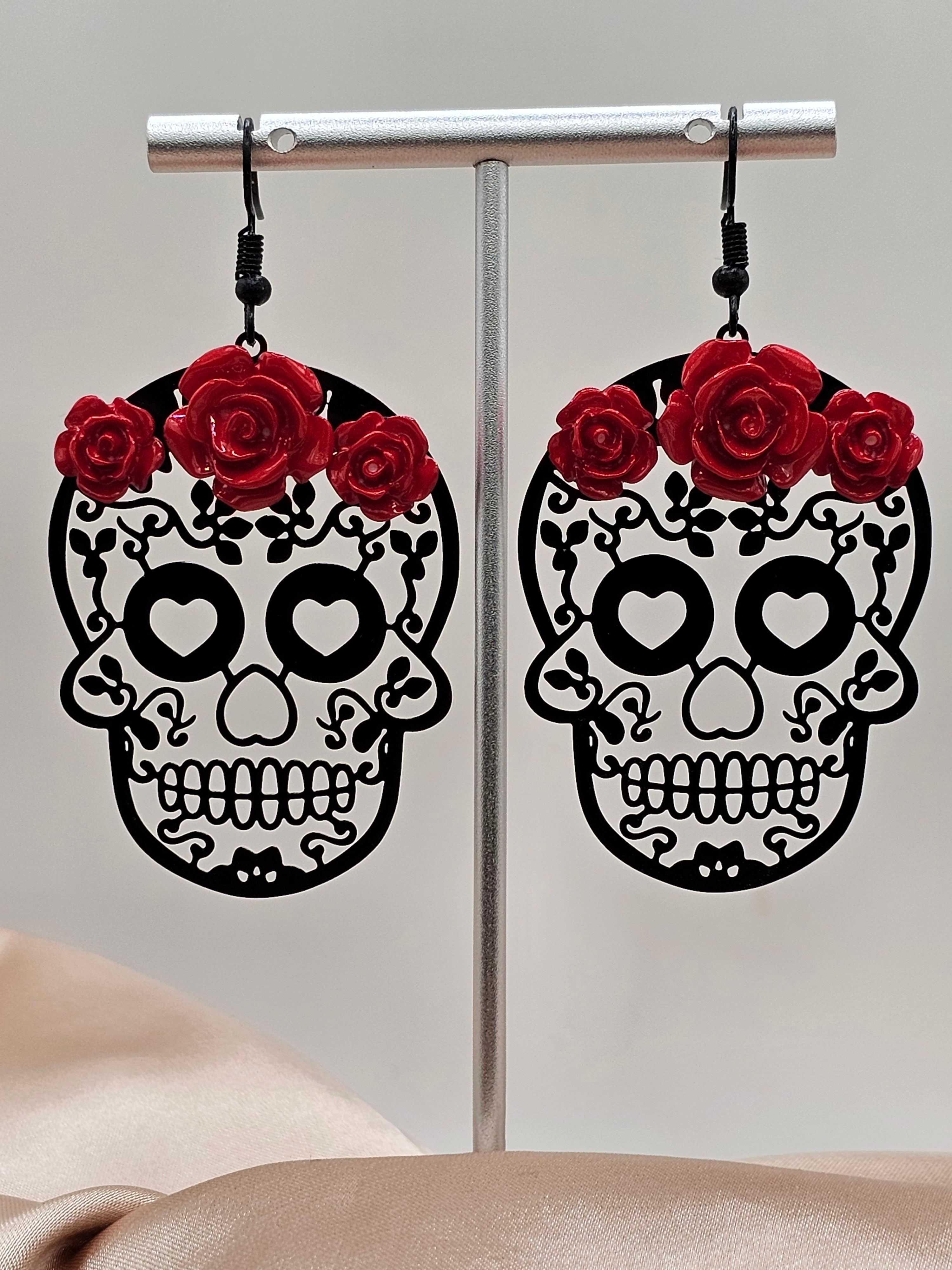 Skull Earrings with Red Roses