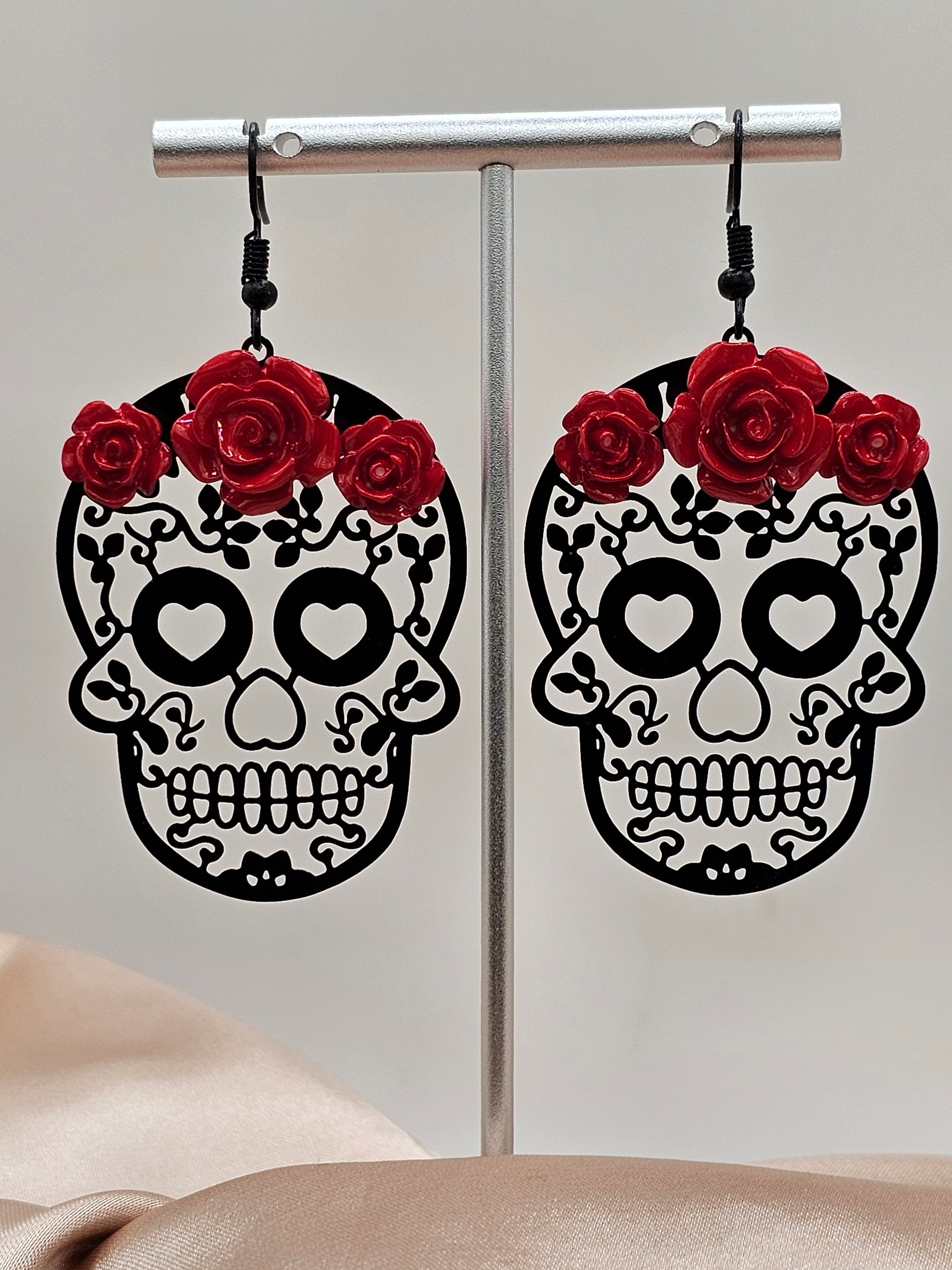 Skull Earrings with Red Roses