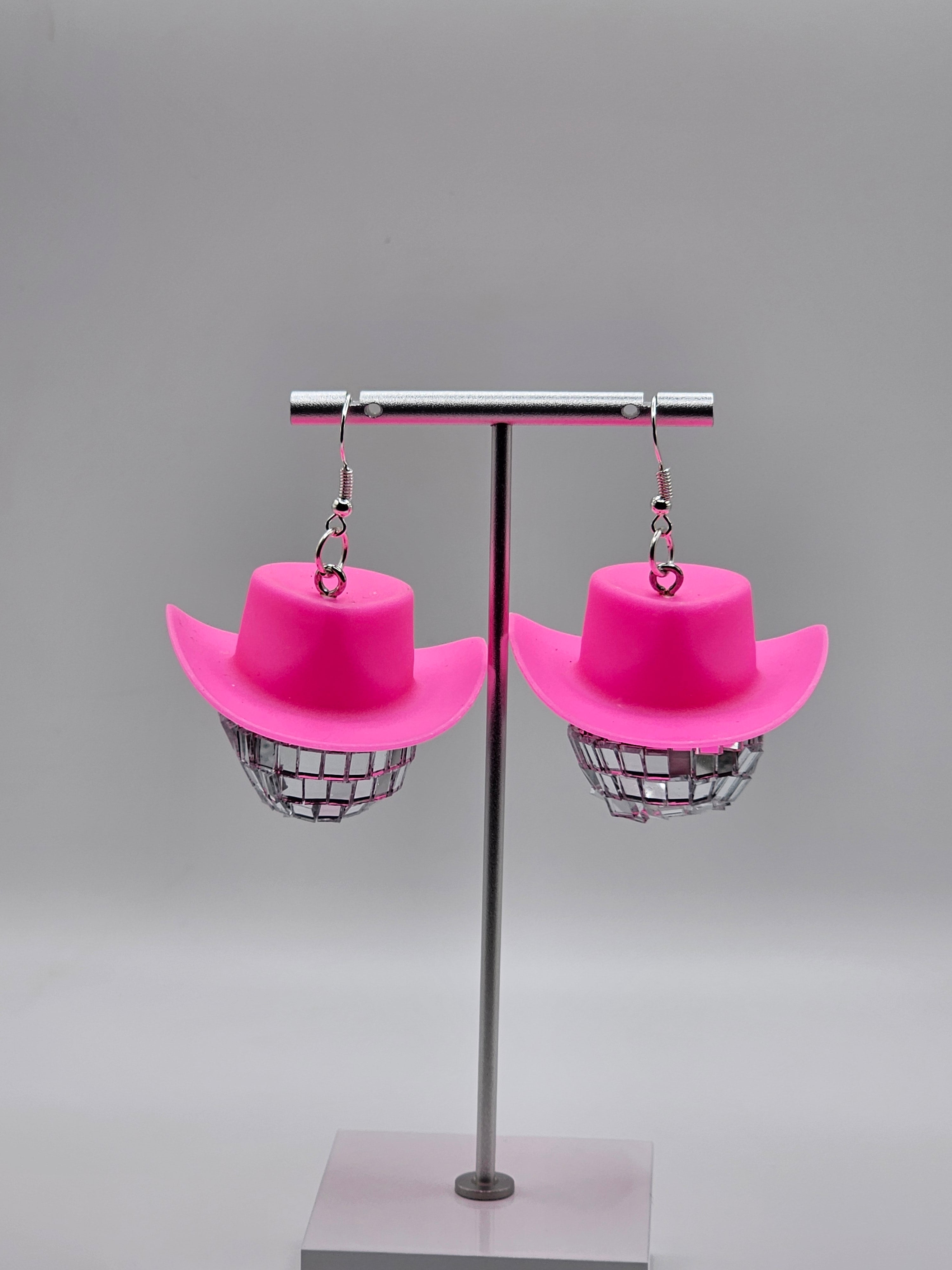 Pink Cow Girl Disco Ball Hat Earrings