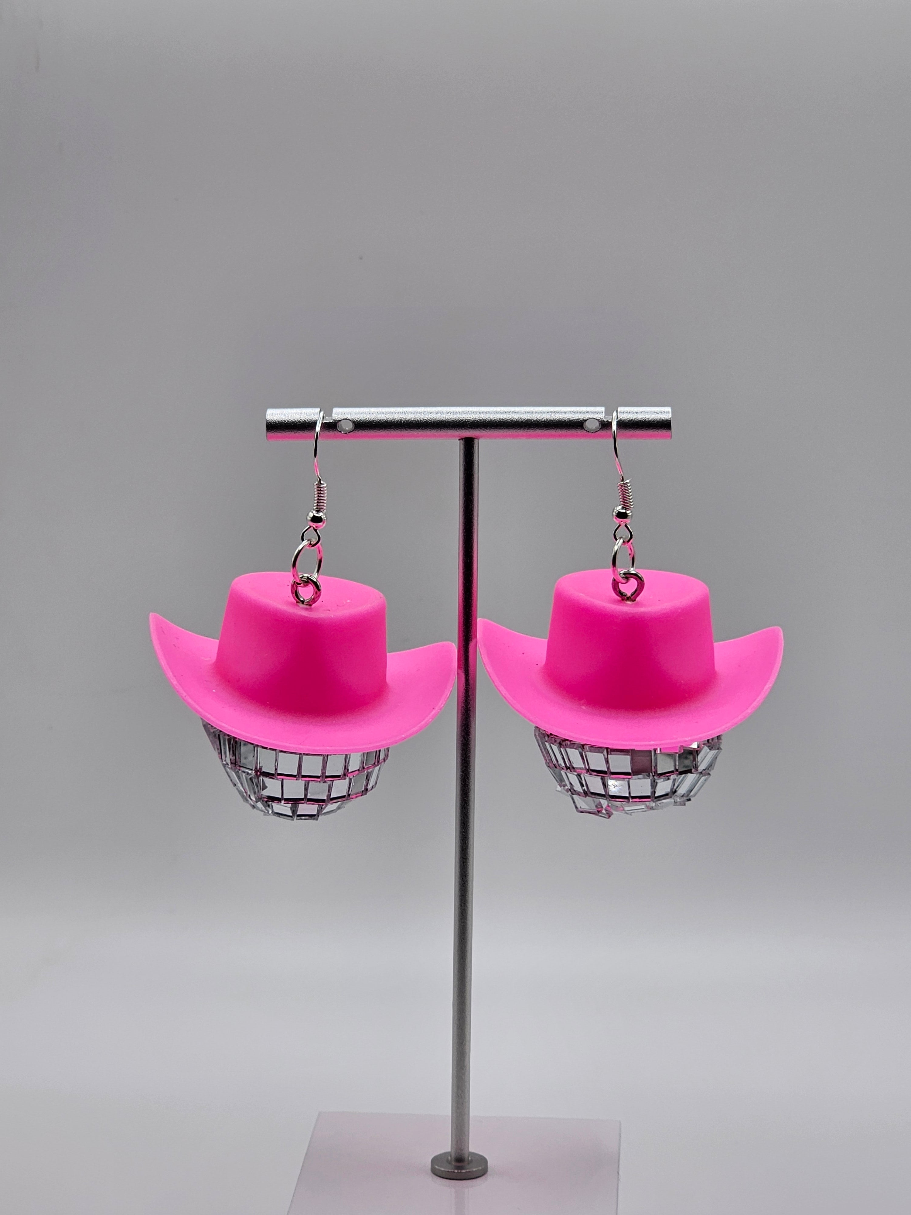 Pink Cow Girl Disco Ball Hat Earrings