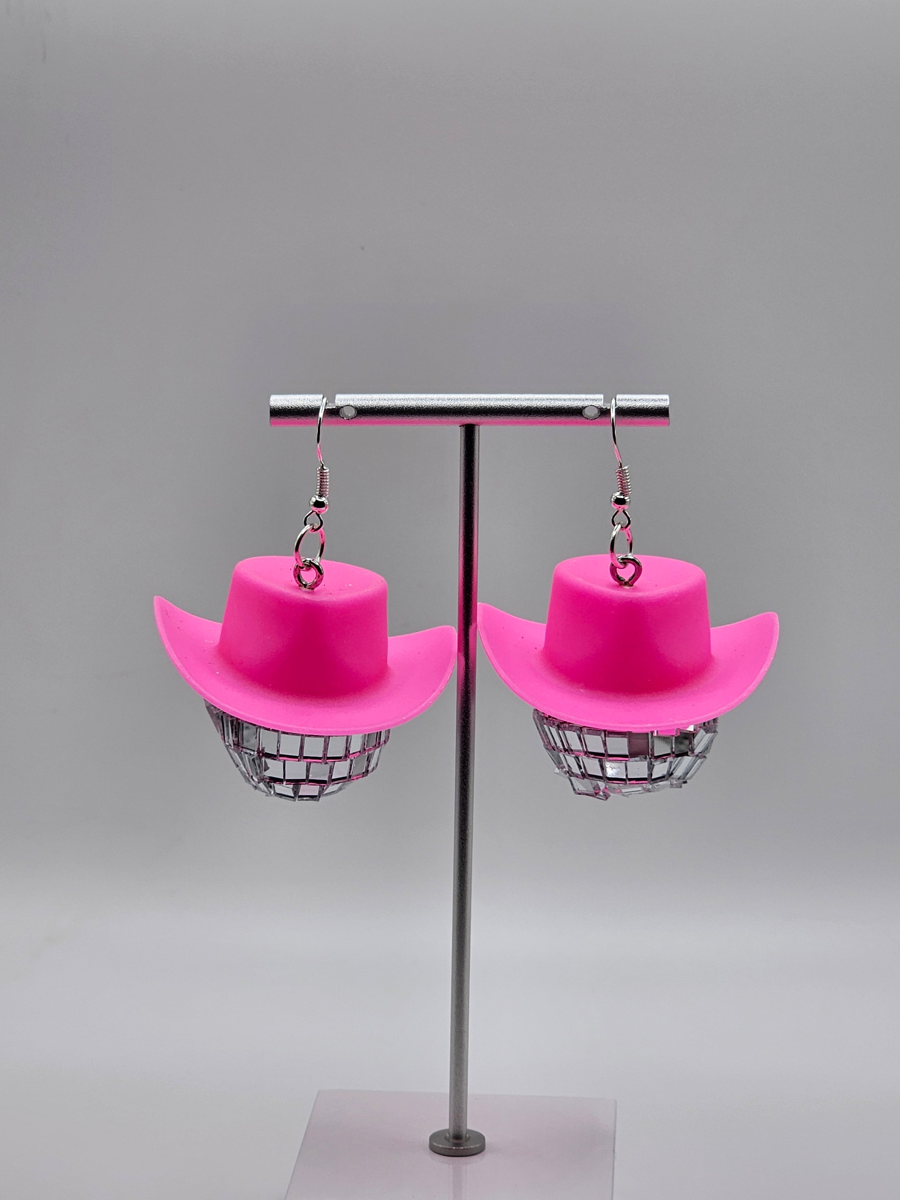 Pink Cow Girl Disco Ball Hat Earrings