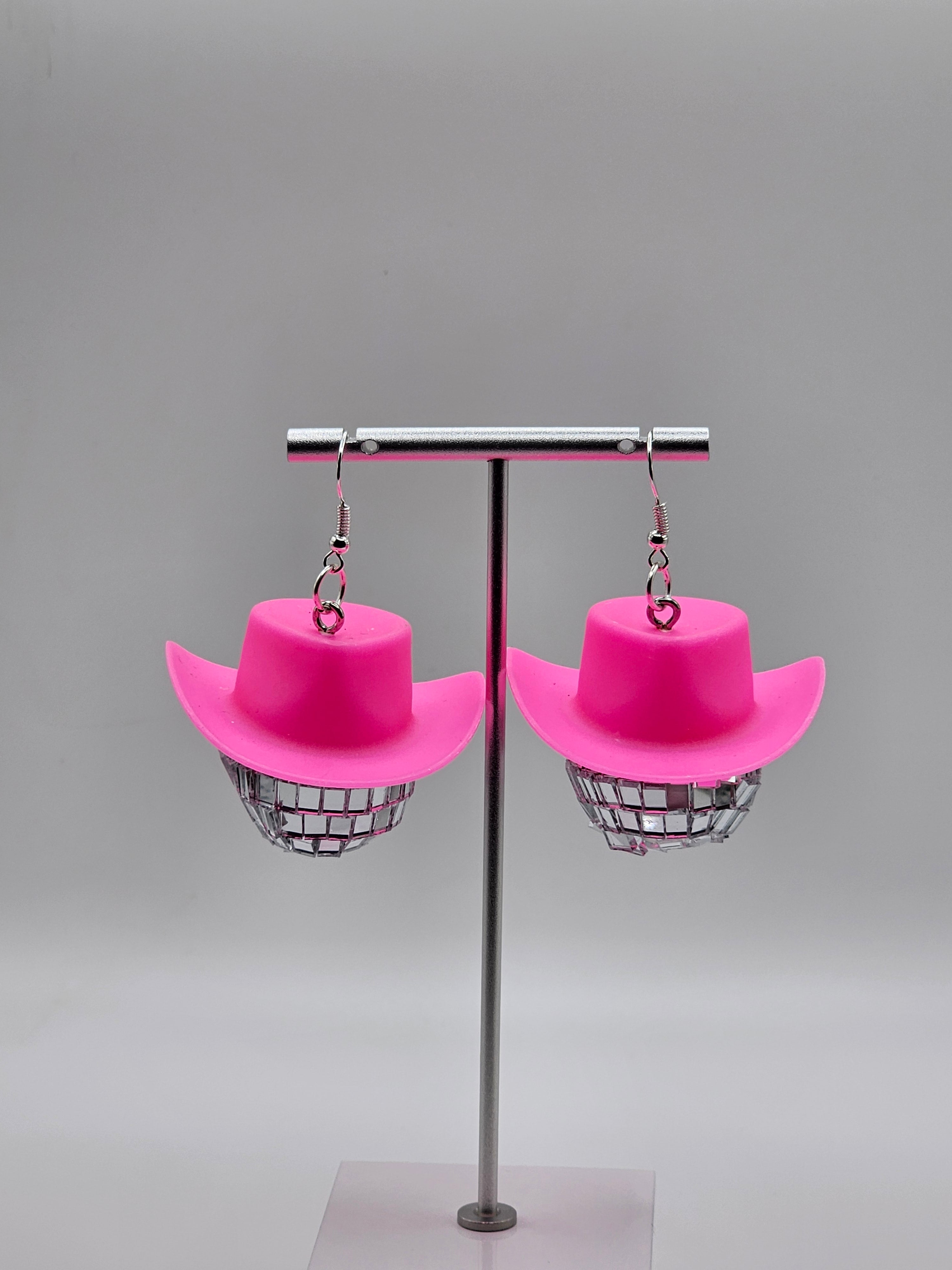 Pink Cow Girl Disco Ball Hat Earrings