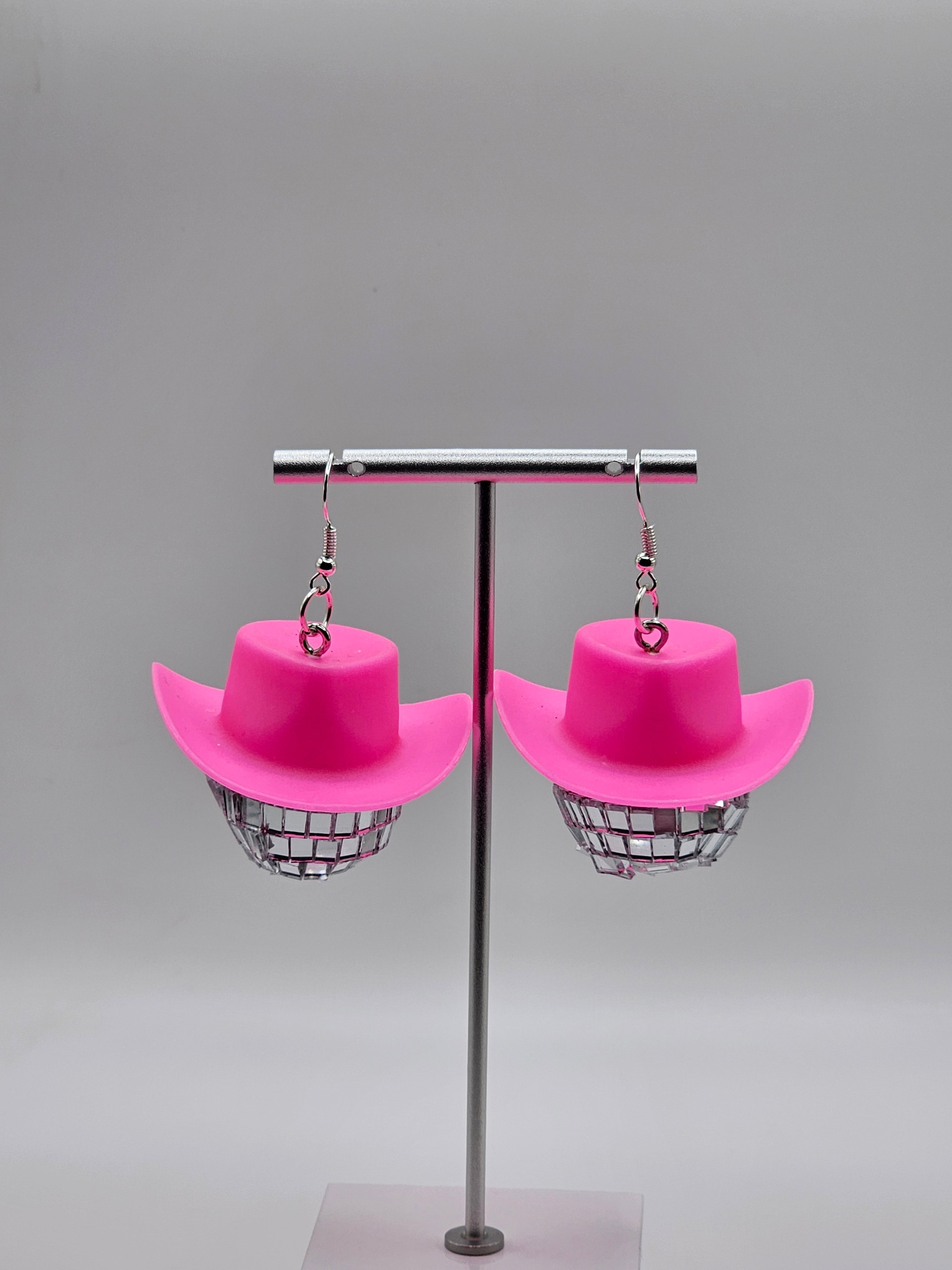 Pink Cow Girl Disco Ball Hat Earrings