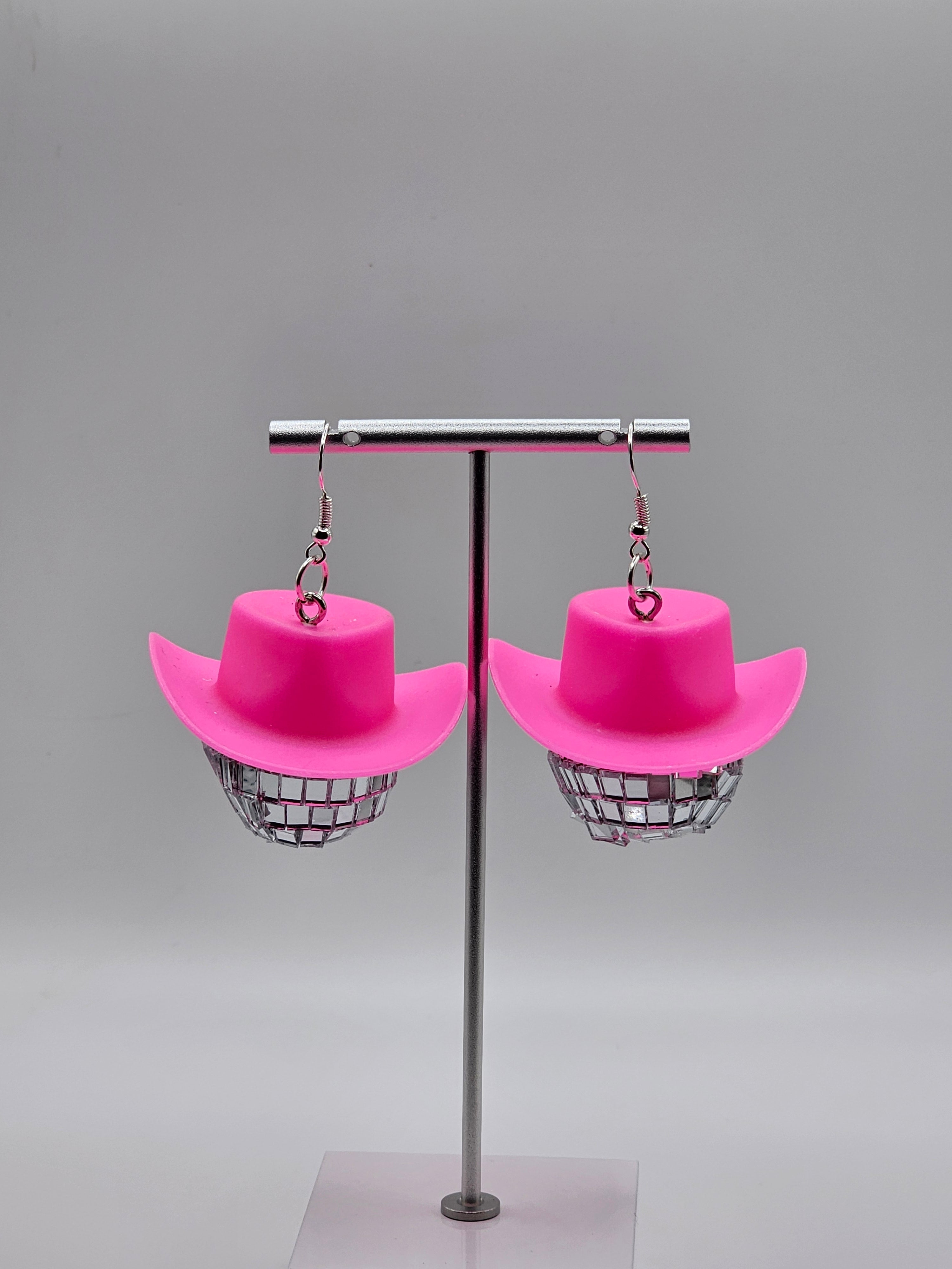 Pink Cow Girl Disco Ball Hat Earrings