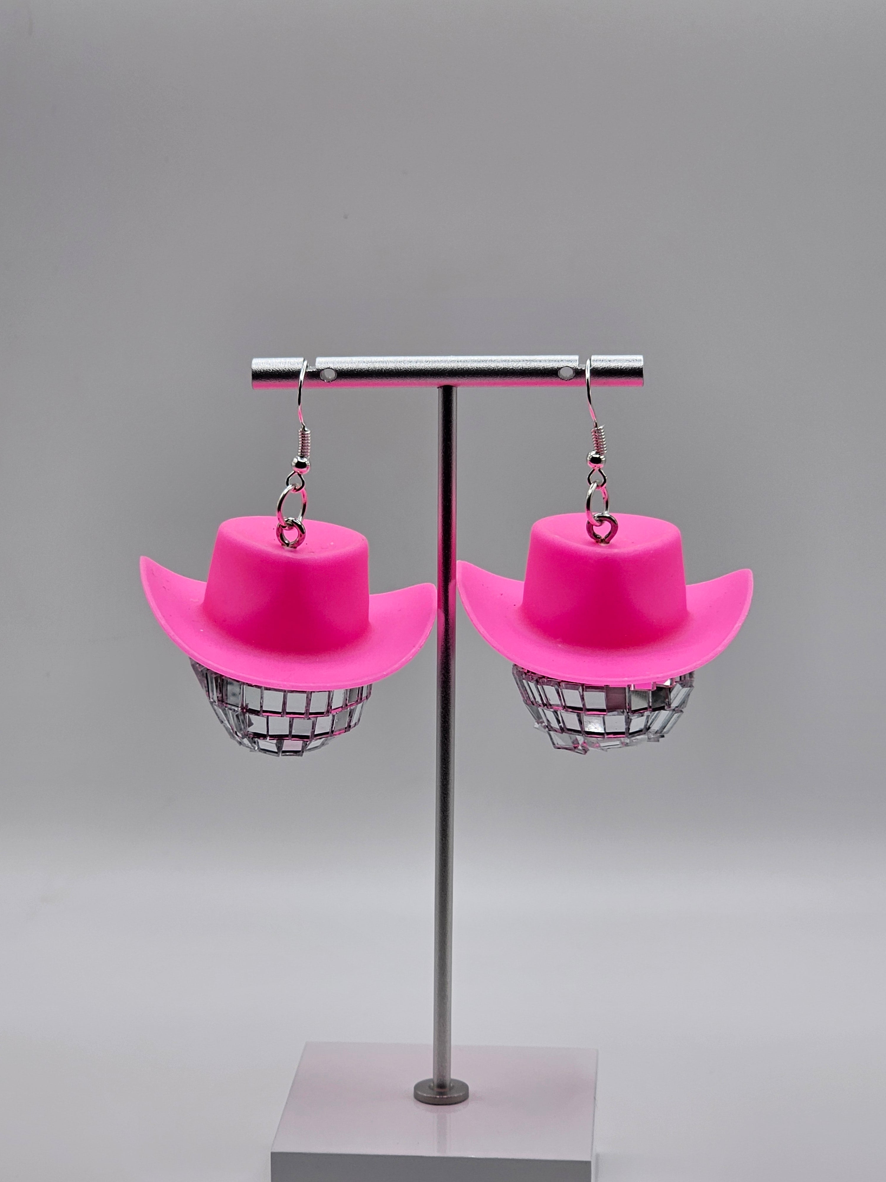 Pink Cow Girl Disco Ball Hat Earrings