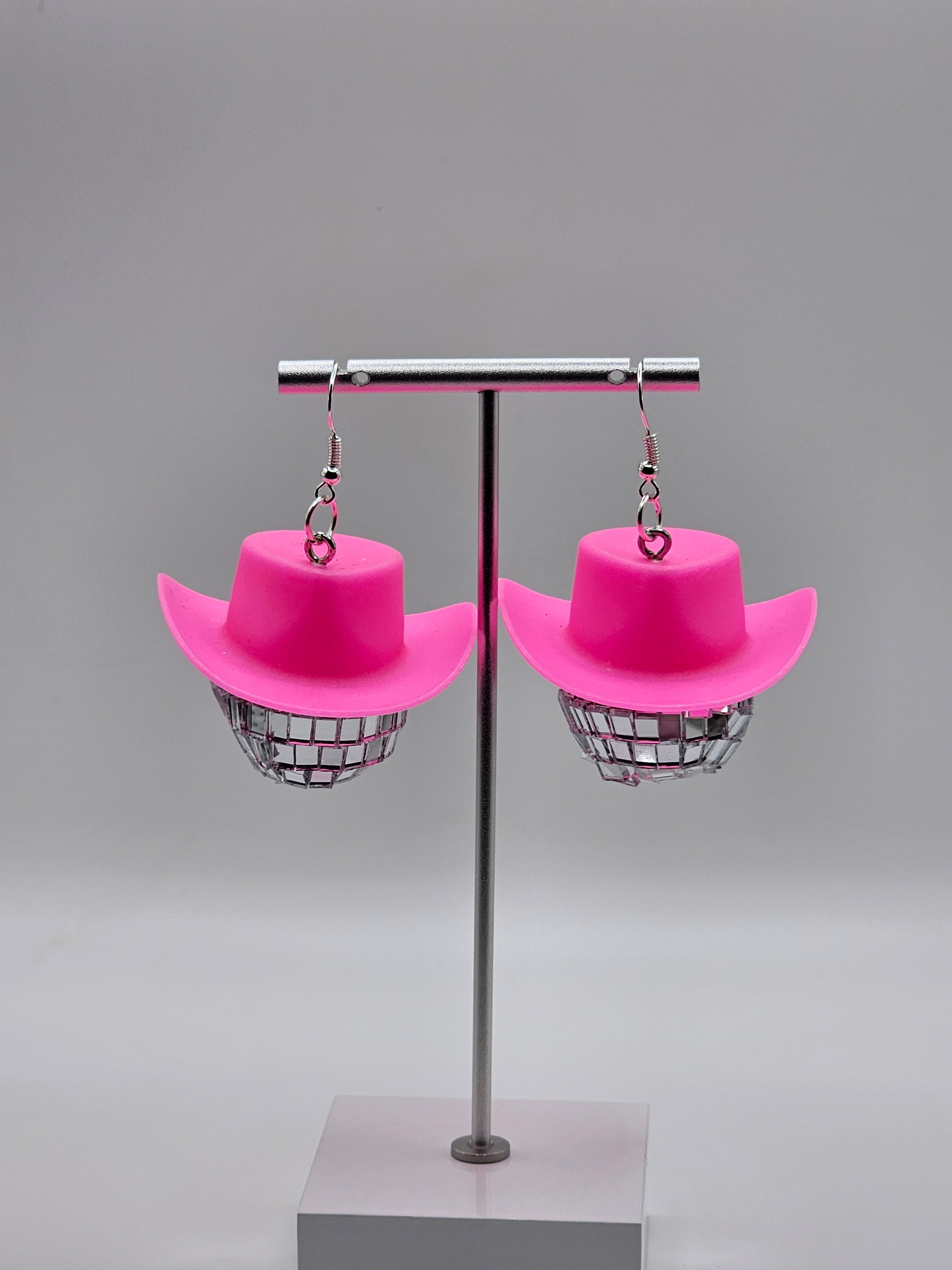 Pink Cow Girl Disco Ball Hat Earrings