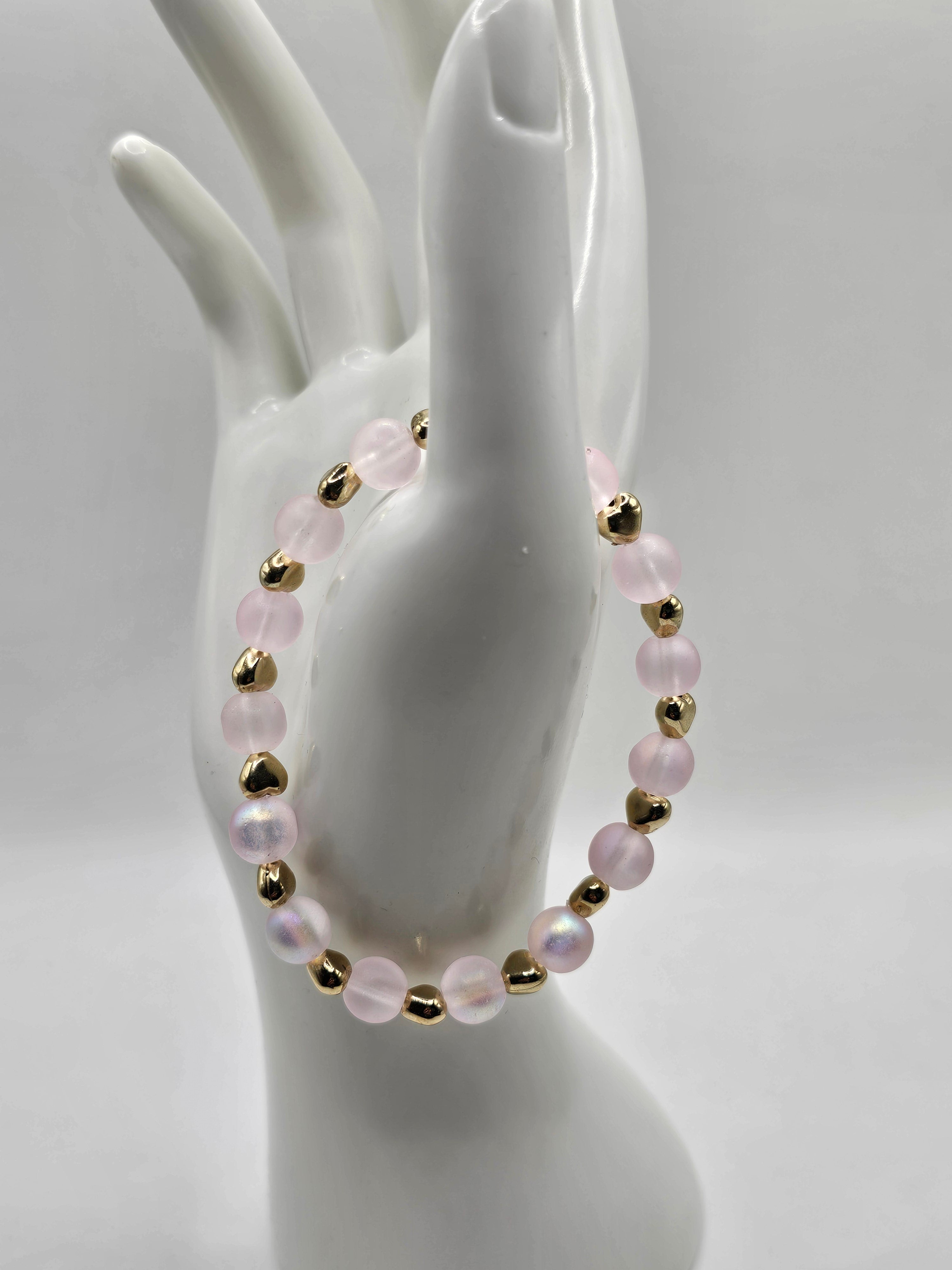 Pale Pink and Gold Heart Mermaid Beaded Stretch Bracelet