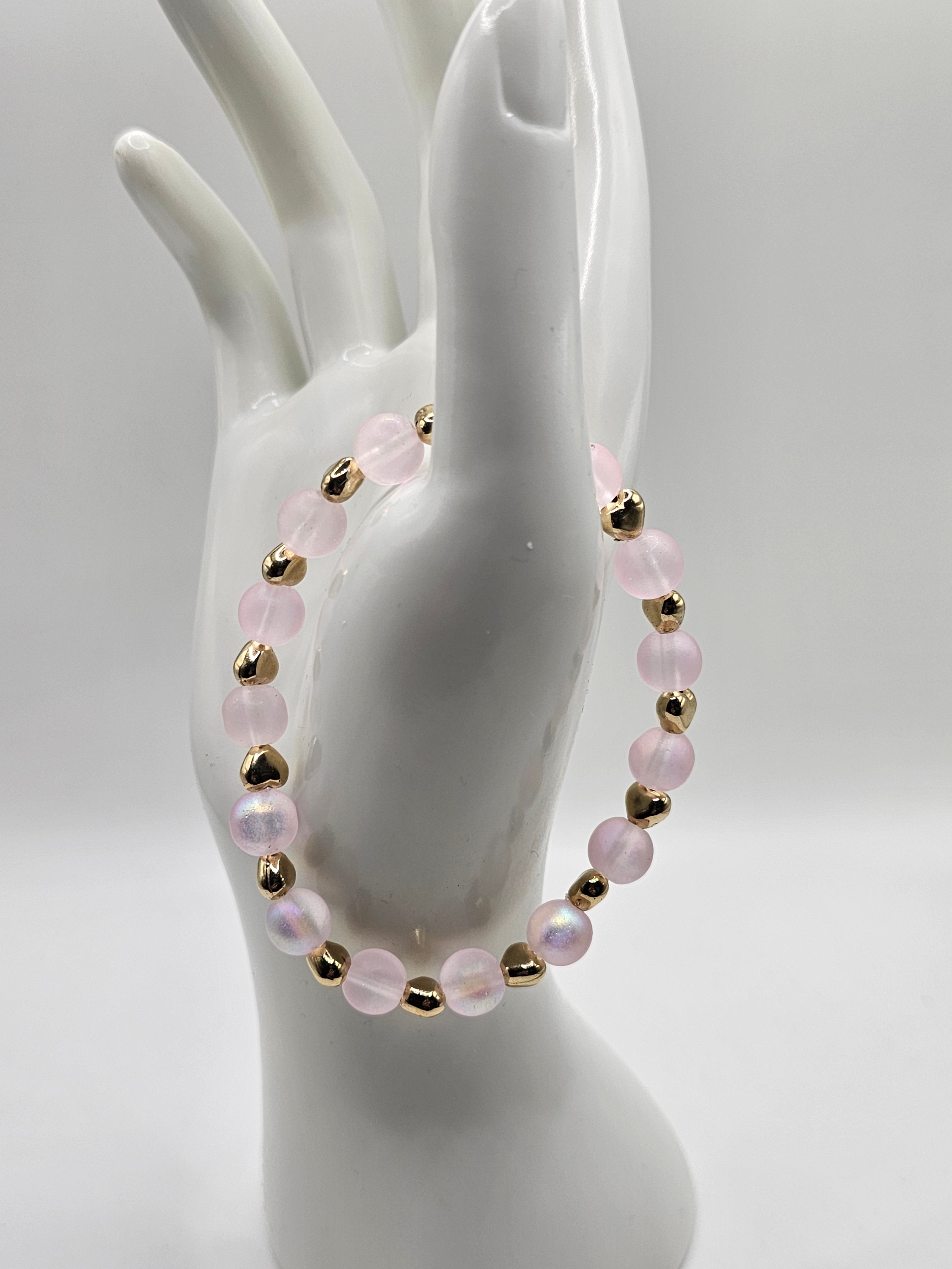 Pale Pink and Gold Heart Mermaid Beaded Stretch Bracelet