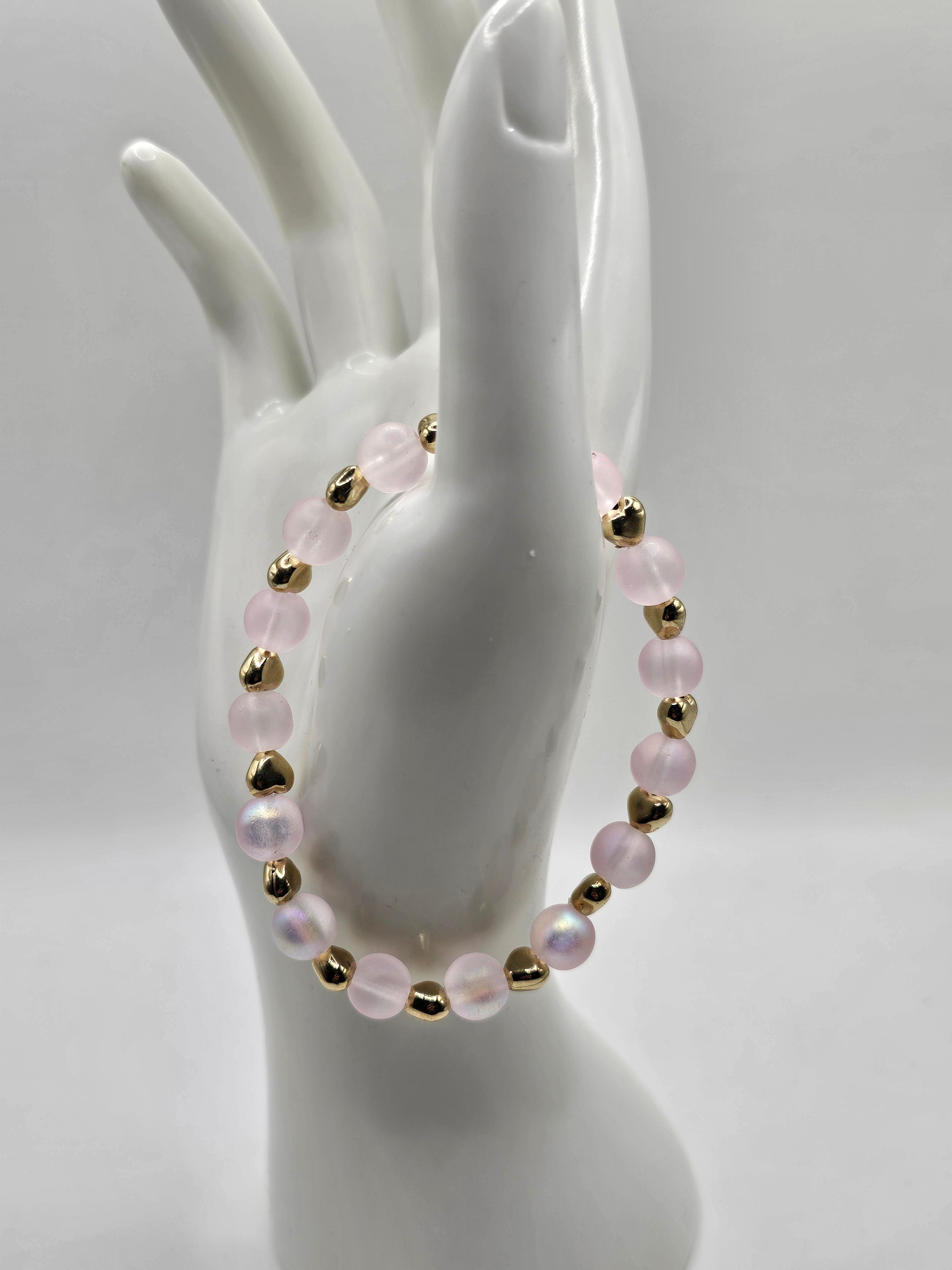 Pale Pink and Gold Heart Mermaid Beaded Stretch Bracelet