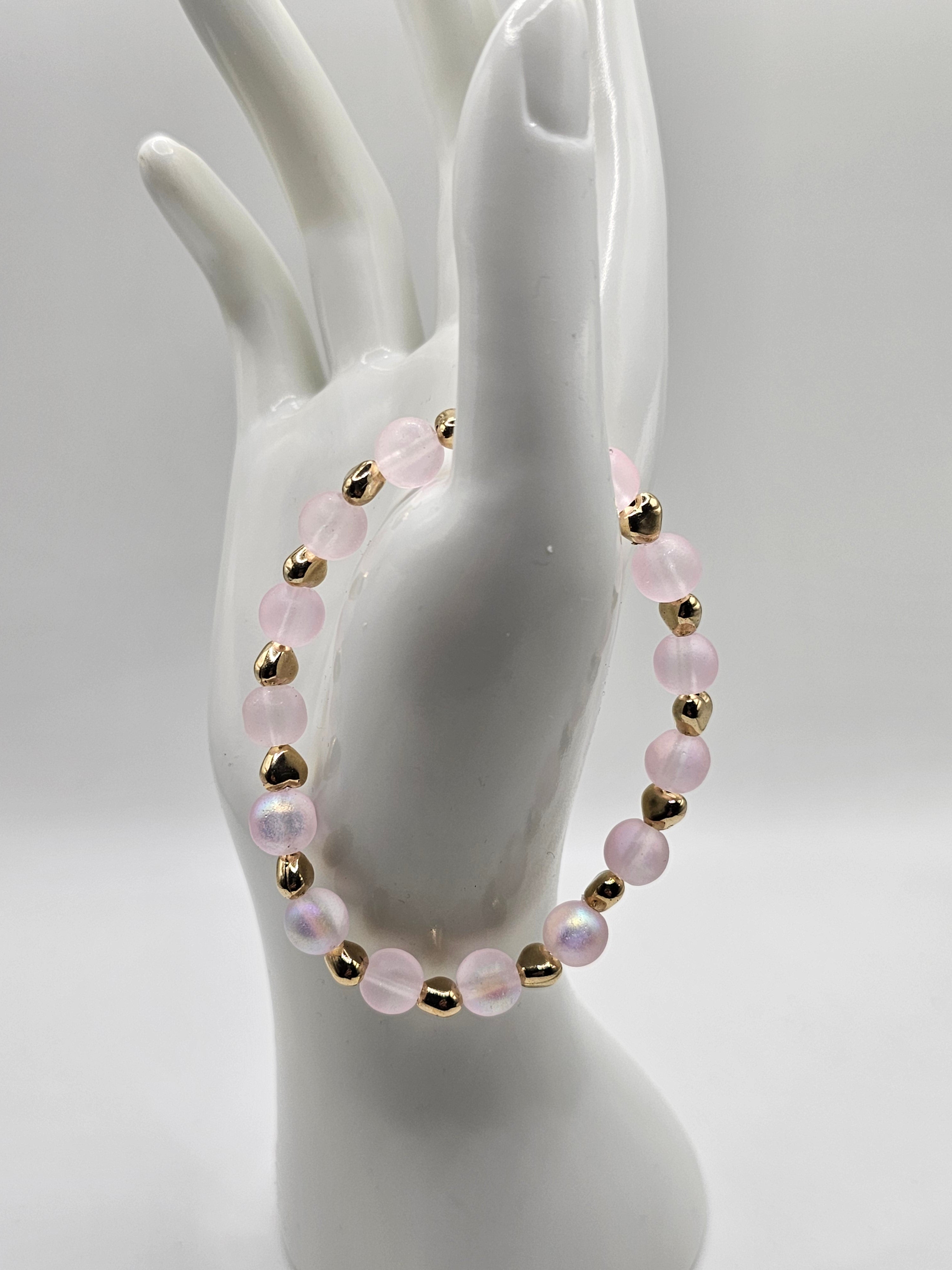 Pale Pink and Gold Heart Mermaid Beaded Stretch Bracelet