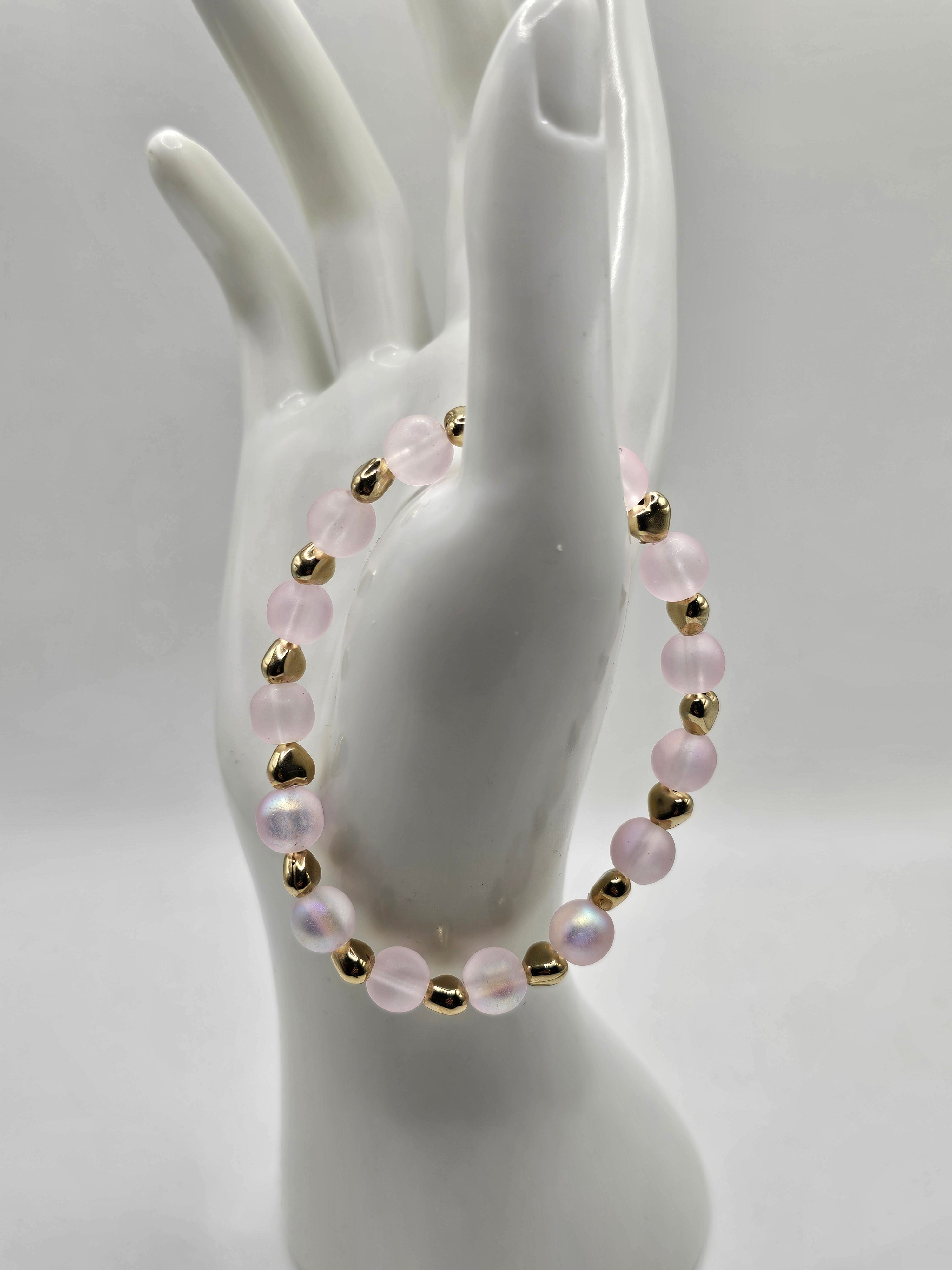 Pale Pink and Gold Heart Mermaid Beaded Stretch Bracelet