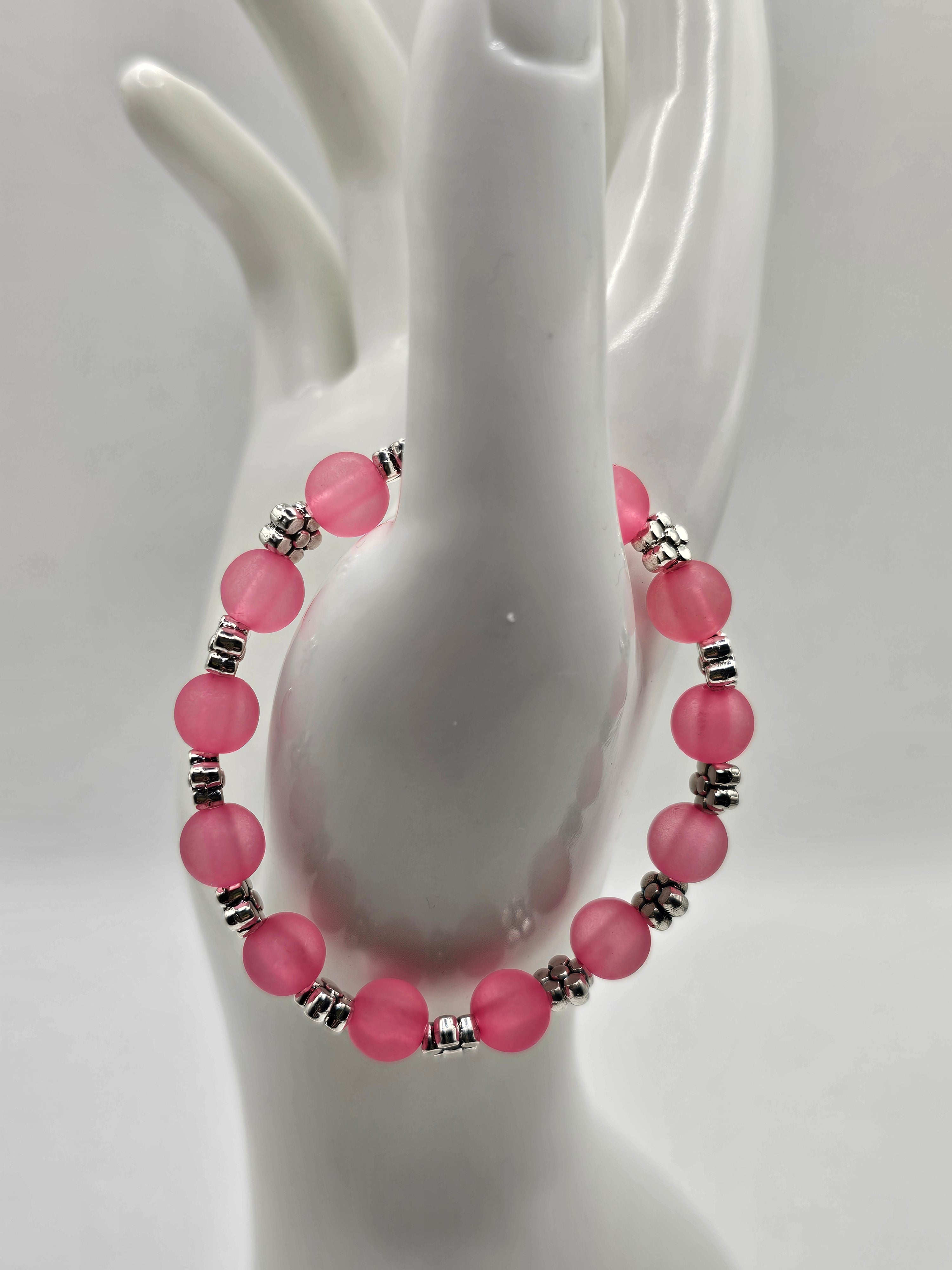 Pink Mermaid Bead and Silver Tone Flower Stretch Bracelet