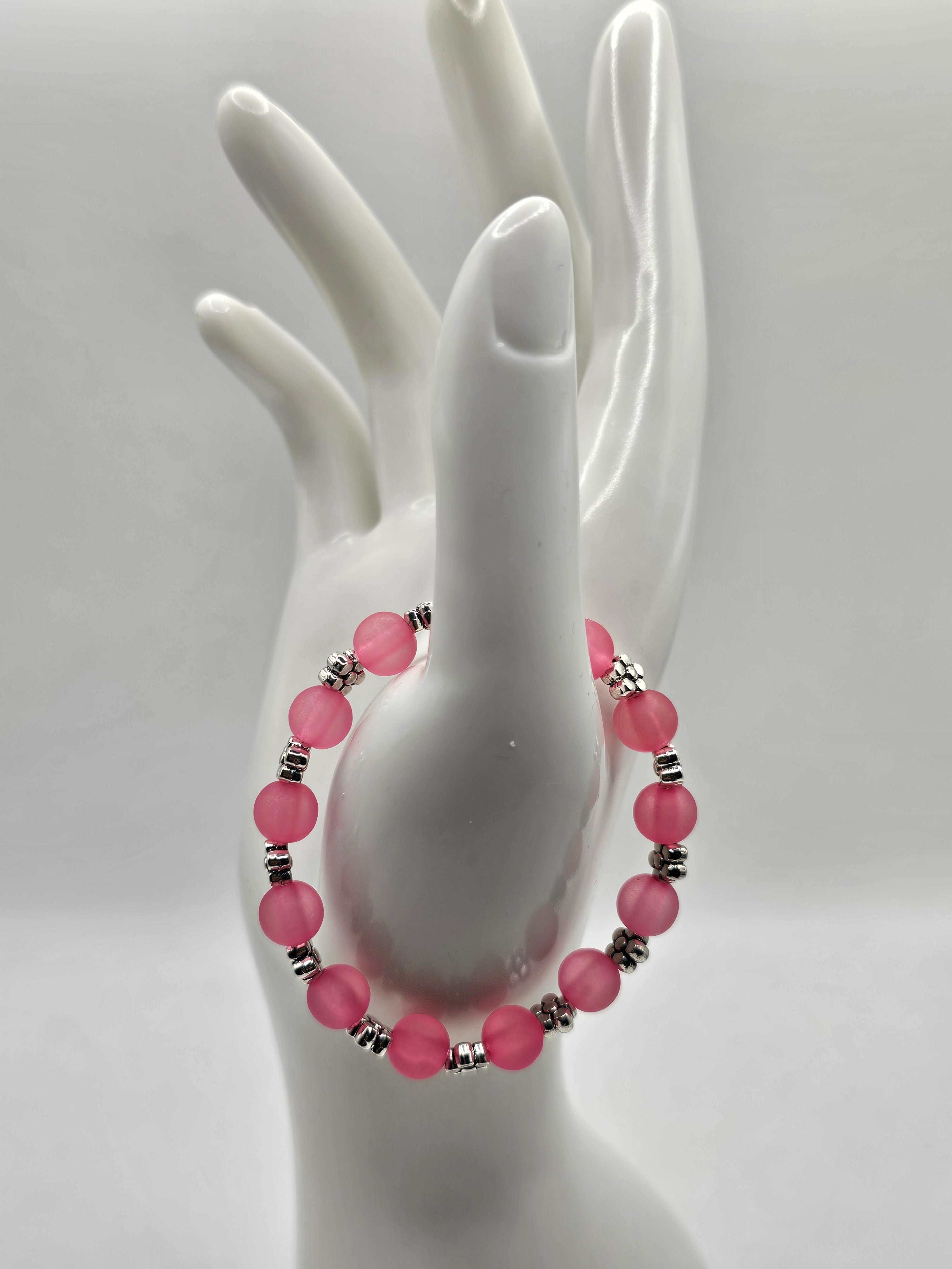 Pink Mermaid Bead and Silver Tone Flower Stretch Bracelet