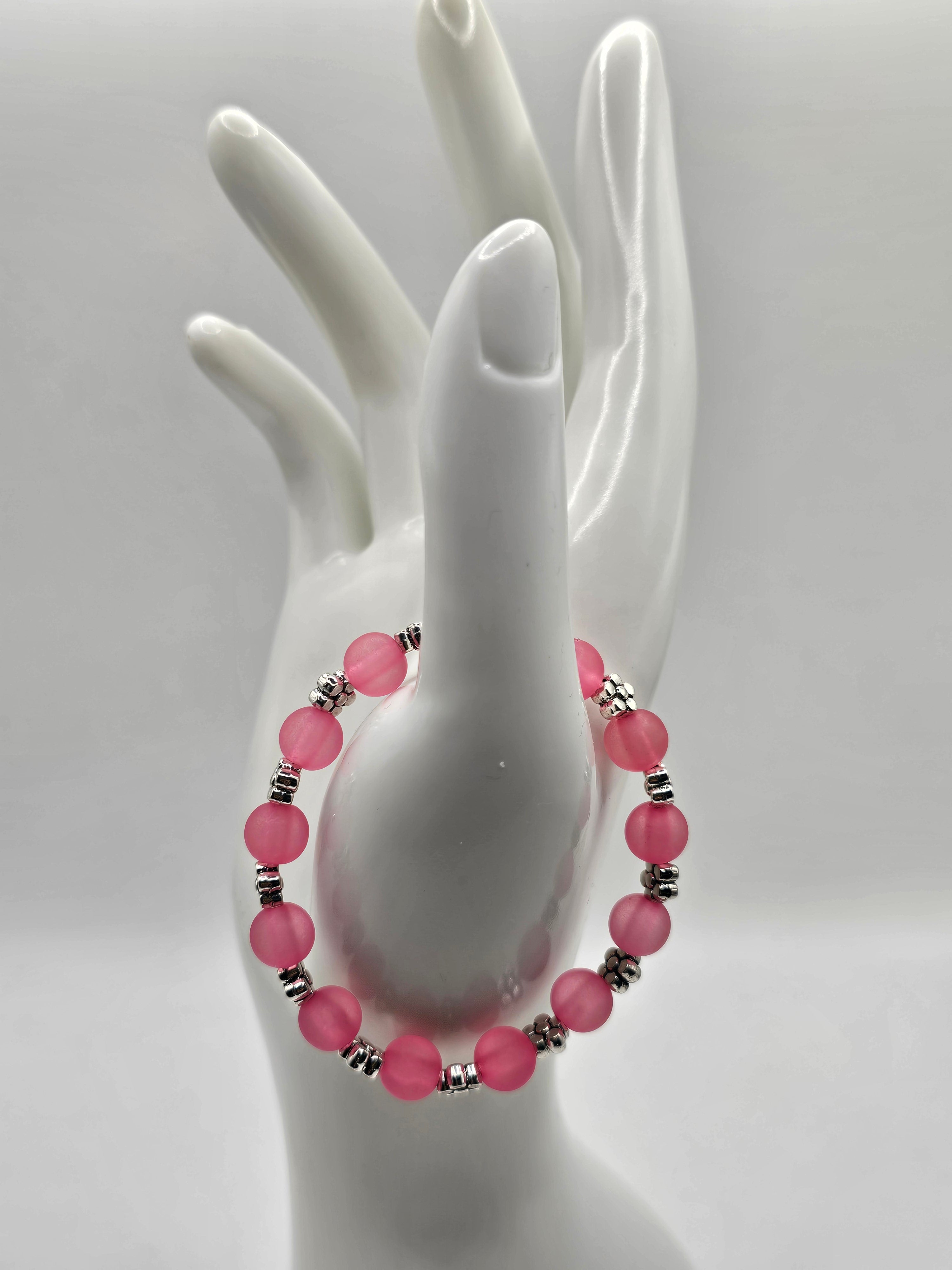 Pink Mermaid Bead and Silver Tone Flower Stretch Bracelet