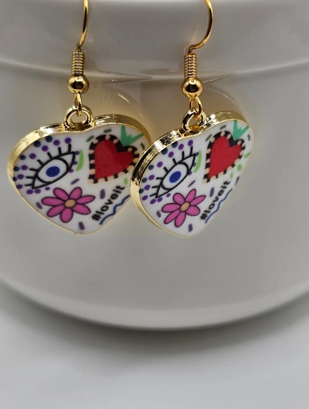 Gold Plated Hand-Painted Heart Earrings